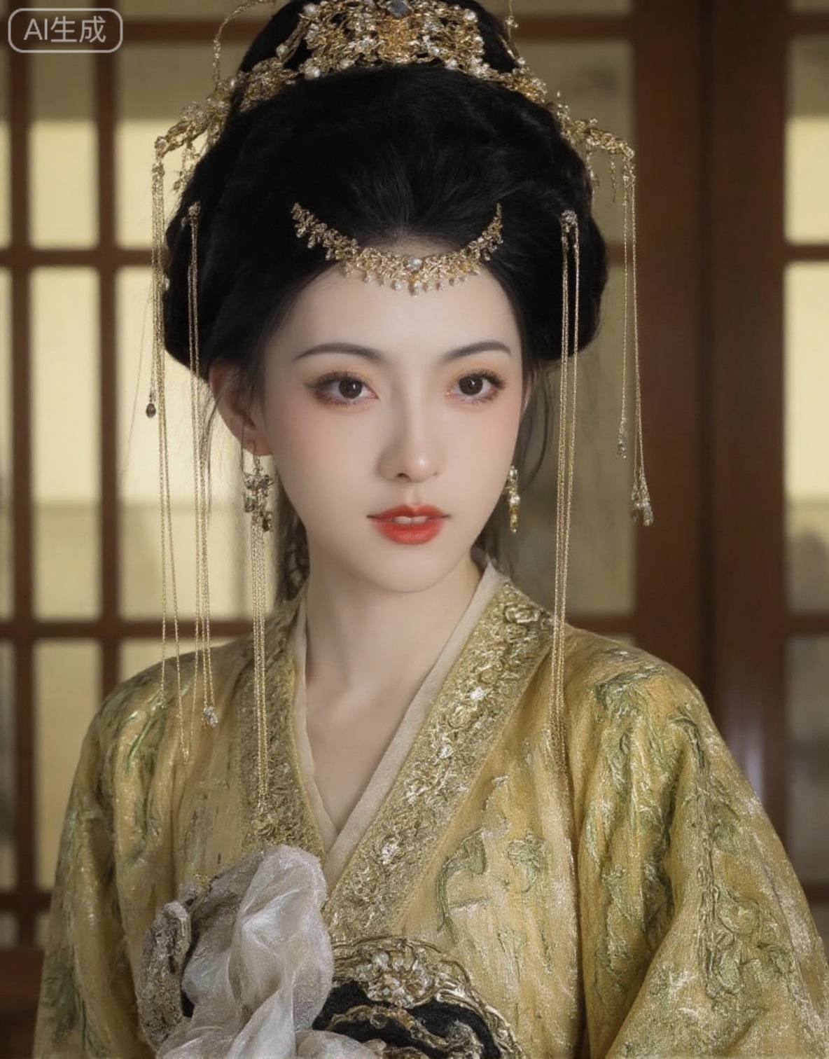 mi, Photograph of a Chinese woman (mi) standing indoors, eye-level angle. Mi has fair skin, dark hair in an elaborate updo adorned with a gold and pearl headpiece and chains. She wears a gold and green embroidered traditional Chinese dress. Mi's red lipstick stands out against her pale complexion. Background features wooden framed glass doors with warm yellow lighting. 