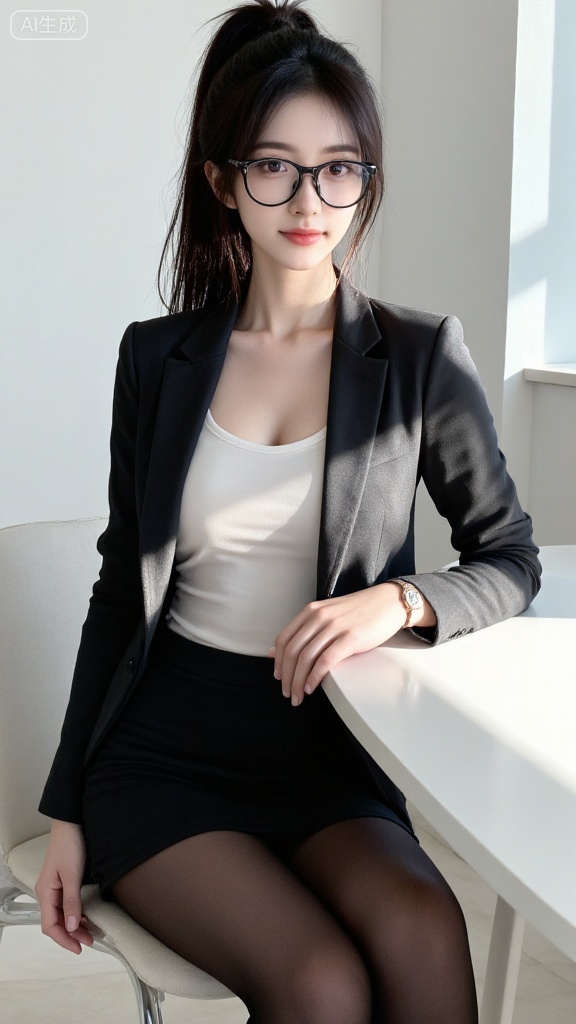 (Realistic style: 1.8), (Perfect face, perfect hands: 1.8), (Black long hair: 1.8), ((Full-body photo: 1.8)), long hair, fashionable girl, all-round depiction,
A beautiful lady, wearing glasses, long ponytail,
Upper body wearing a suit, with a white T-shirt underneath, cleavage,
Lower body wearing a short A-line skirt, ((Black pantyhose: 1.8)), high heels,
In a spacious and bright office, sitting at the desk - one hand on the desk, the other adjusting the glasses. 
Realistic art style, key visual effects, bright colors, realistic style, rich details.