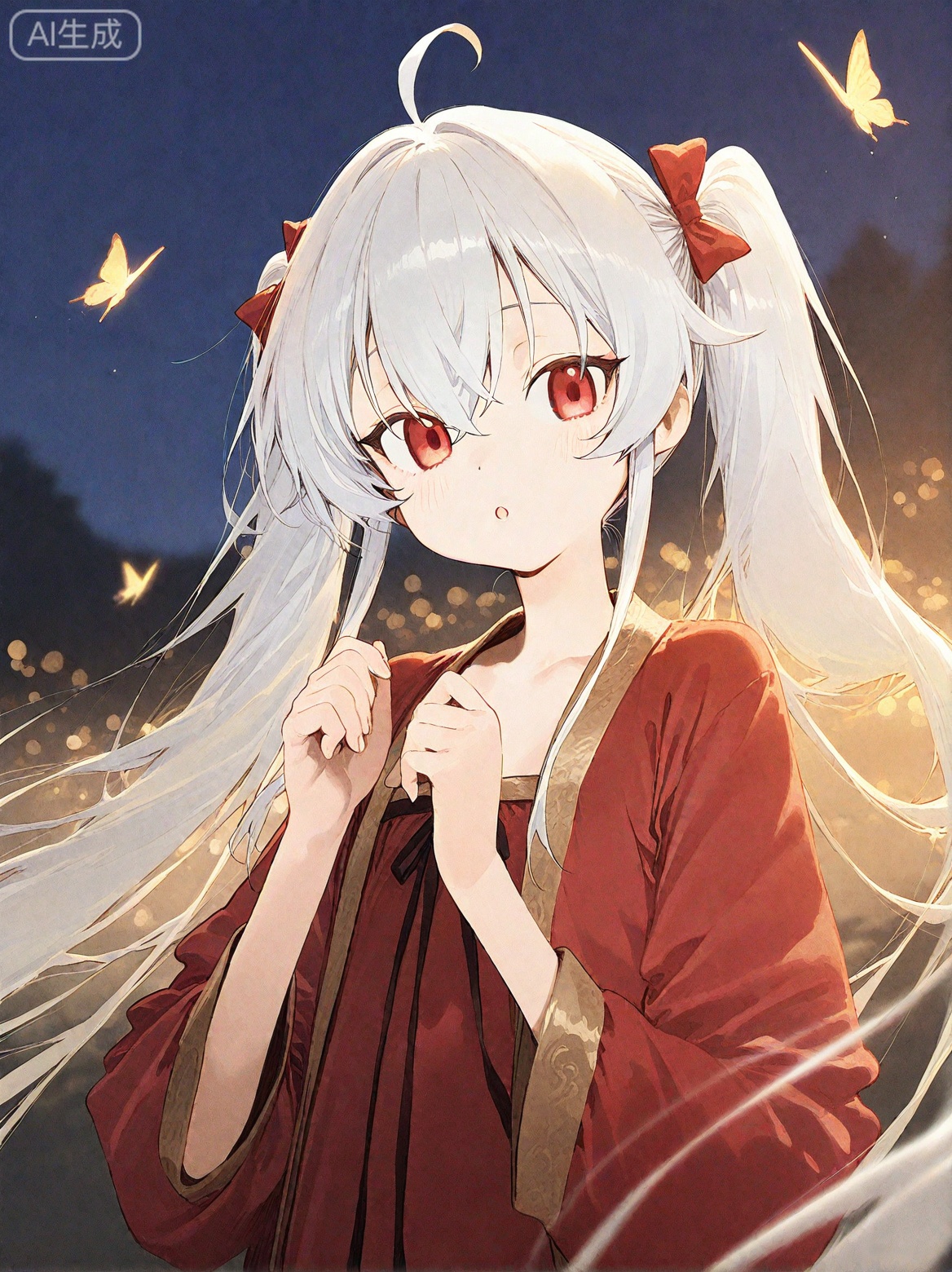 masterpiece,best quality,high quality,loli,chromatic_aberration,//, (pakosun:0.8), modare, abara heiki, (ciloranko:0.8), SharkLJ, night,1girl,solo,long hair,looking at viewer,blush,bangs,red eyes,long sleeves,twintails,very long hair,upper body,white hair,hair bow,parted lips,hanfu,Red Hanfu,blurry,:o,floating hair,depth of field,animal,bug,butterfly,//,//,official art,depth of field,detailed light,blurry background,cinematic lighting,ray tracing,ultra detailed,god rays,backlighting,photo background,film grain,chromatic aberration,volumetric lighting,depth of field,blurry background,shiny skin,floating hair,cinematic lighting,day,very aesthetic, 