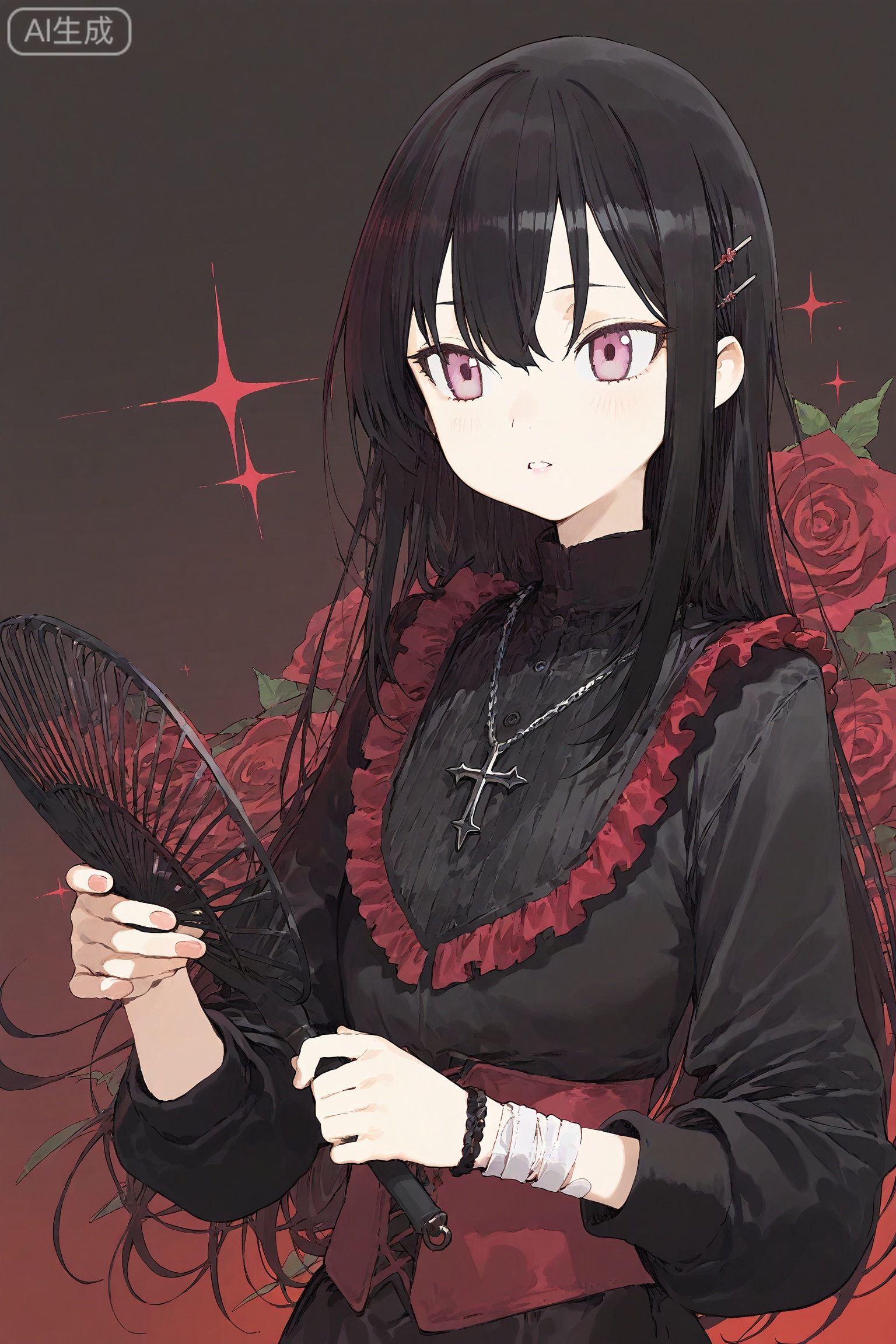 SharkLJ, 1girl, solo, long black hair with wispy bangs, gradient black-pink eyes, domineering look, hair ornament (black star crystal + silver chain), holding a black lace fan, upper_body, black long sleeves with red frills, cross pendant necklace, sparkle_background (black with red starlets), bandage (white) on wrist, red lips, simple background (gradient black-pink), hair clip (red rose), (pakosun:0.8), modare, artist: modare, abara heiki, (ciloranko:0.8),