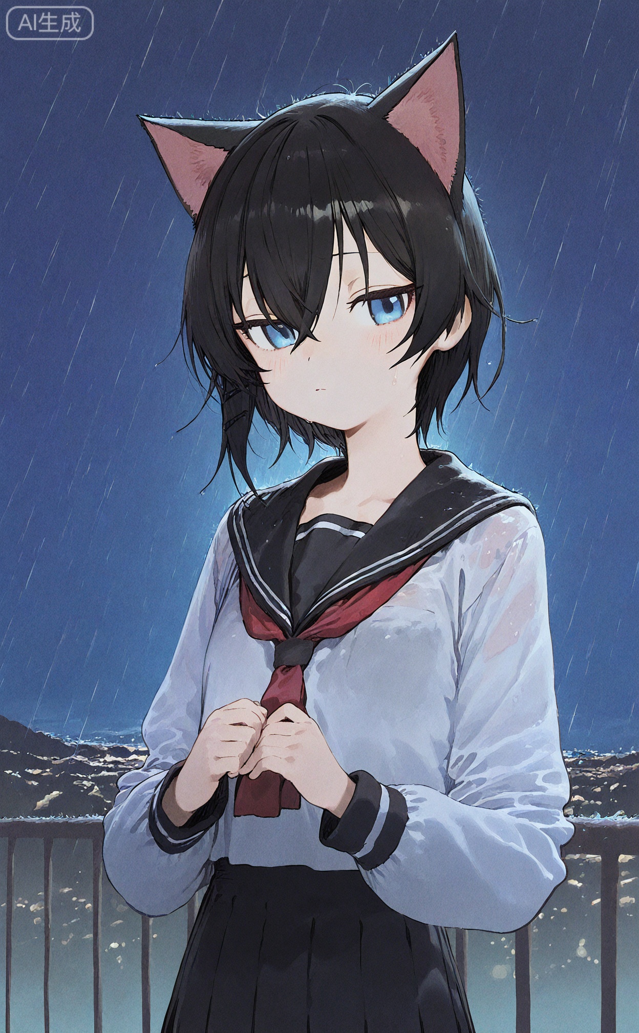 masterpiece,highres,absurdres,newest,best quality,petite,high quality,chromatic_aberration, SharkLJ, 
//,
animal_ears, 1girl, black_hair, sailor_collar, solo, short_hair, cat_ears, school_uniform, serafuku, black_sailor_collar, upper_body, rain, shirt, white_shirt, long_sleeves, night, closed_mouth, scenery, bangs, (pakosun:0.8), modare, artist: modare, abara heiki,
//,
(pakosun:0.8), modare, artist: modare, abara heiki, (ciloranko:0.8), 