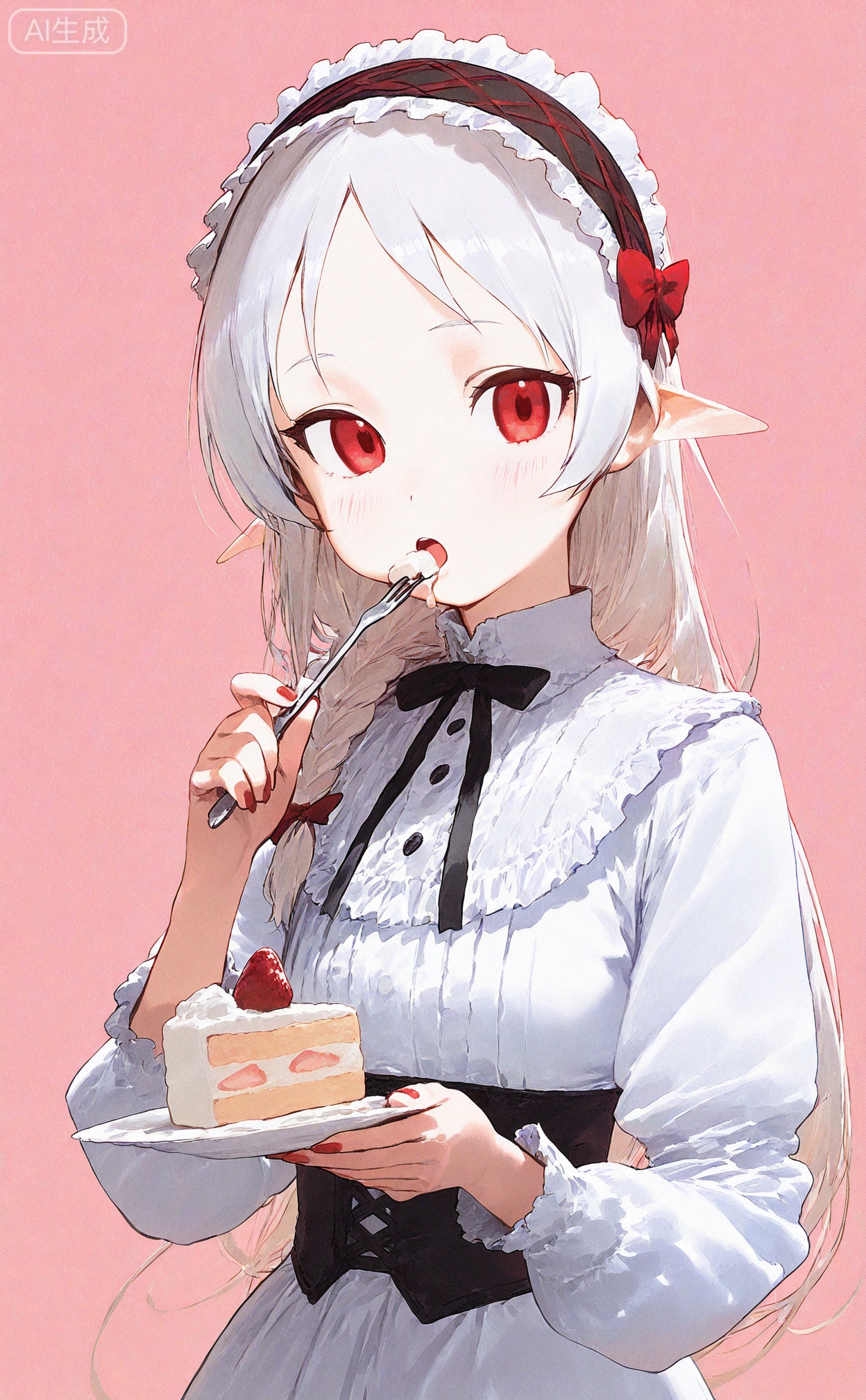 masterpiece,highres,absurdres,newest,best quality,loli,petite,high quality,chromatic_aberration,
SharkLJ, //,
1girl, food, strawberry, fruit, braid, cake, strawberry shortcake, solo, red eyes, fork, plate, lolita hairband, cake slice, holding, white hair, blush, long hair, holding fork, holding plate, looking at viewer, dress, red nails, lolita fashion, open mouth, bow, nail polish, upper body, ribbon, eating, hairband, white dress, single braid, red bow, long sleeves, frills, red ribbon, hair bow, pink background
//,
(pakosun:0.8), modare, artist: modare, abara heiki, (ciloranko:0.8), 