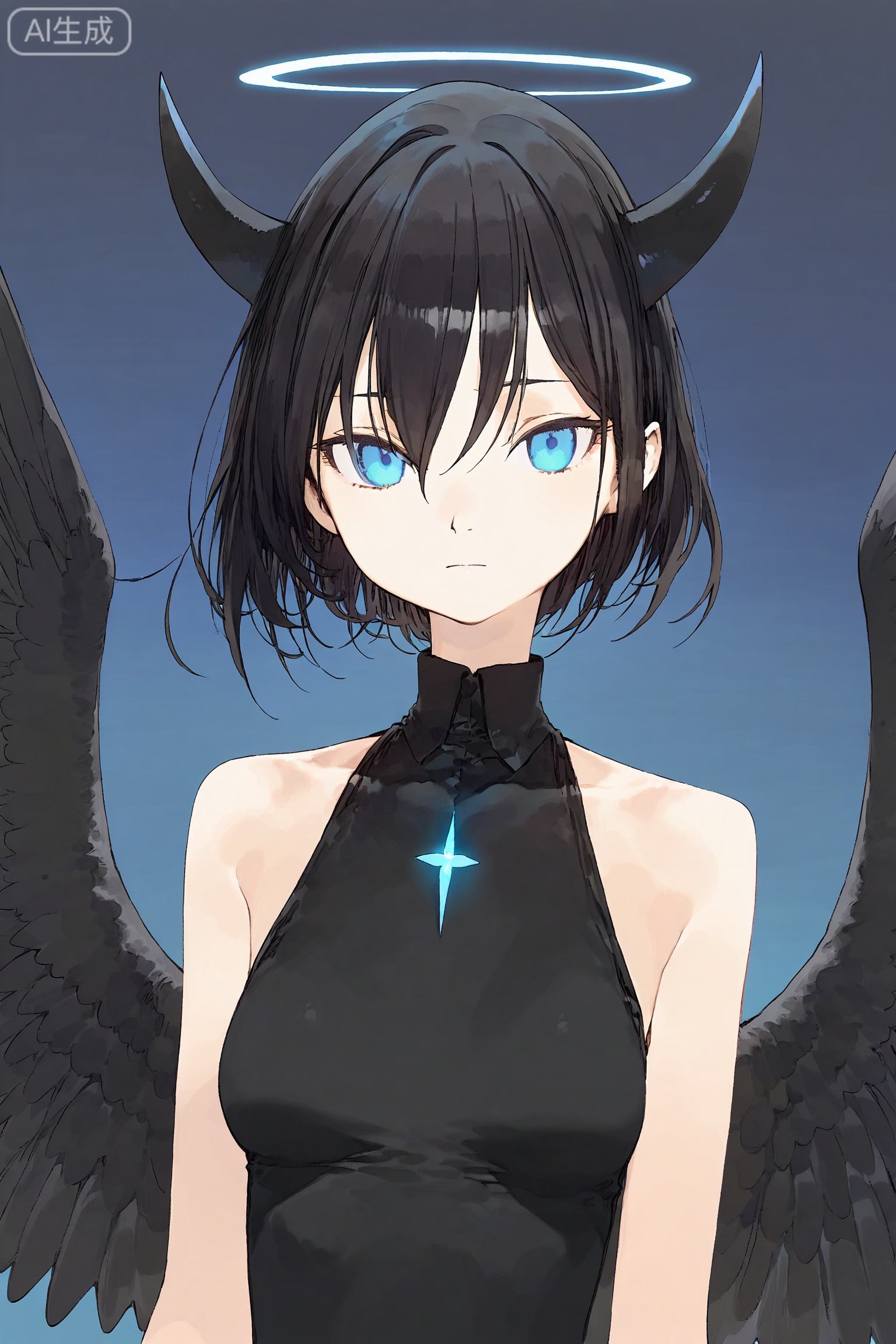 1girl, solo, horns, wings, solo, blue eyes, looking at viewer, black hair, breasts, short hair, upper body, hair between eyes, feathered wings, closed mouth, halo, glowing, bare shoulders, bangs,SharkLJ,(pakosun:0.8), modare, artist: modare, abara heiki, (ciloranko:0.8),