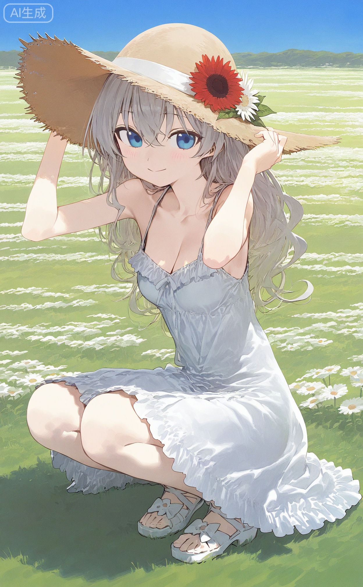 masterpiece,highres,absurdres,newest,best quality,loli,petite,high quality,chromatic_aberration,
SharkLJ, //,
1girl, solo, long hair, breasts, looking at viewer, blush, smile, bangs, blue eyes, hat, dress, cleavage, hair between eyes, bare shoulders, medium breasts, closed mouth, collarbone, flower, grey hair, small breasts, outdoors, day, white dress, arm up, sleeveless dress, wavy hair, sandals, squatting, white footwear, grass, white flower, red flower, sun hat, straw hat, hat flower, hand on headwear, field, flower field, 
//,
(pakosun:0.8), modare, artist: modare, abara heiki, (ciloranko:0.8), 
