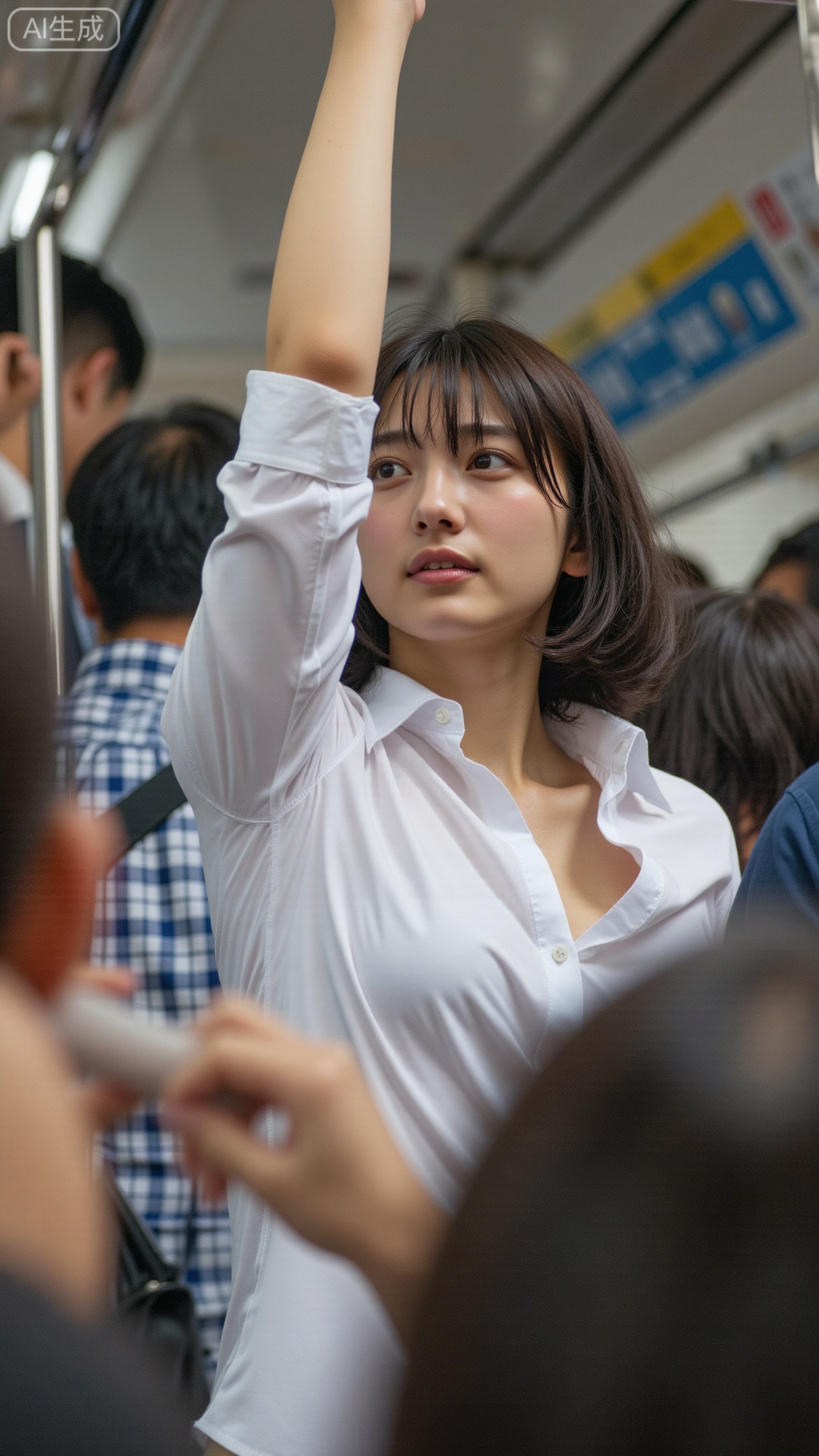  public transit carriage candid, short-haired girl in white shirt raising hand to hold strap, partly opened front buttons, 35mm f/2.5 ISO 800 1/160s, mixed fluorescent light, medium-close shot, crowd blurred yet readable, realistic skin, no flash, no retouch
,XbaifengsongyuYH,Xbigbreasts,XyunxitianmingshiY,XyunxitianmingshiY,XnangongjinY,XnangongjinY2,XshuangjianshinvY,XshuangjianshinvY2,Xzhuapaistyle,Xfuguflim