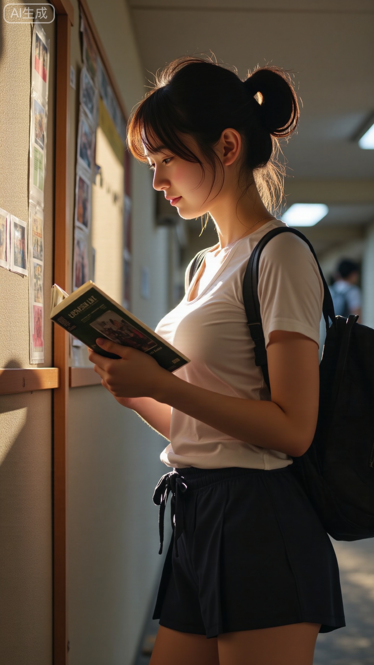 School corridor noticeboard, girl in profile reading, 85mm portrait, golden-hour back-side light creating warm rim and soft shadows, shallow DOF, subtle grain, f/2, 1/200, ISO400, natural skin texture and fine peach fuzz
,XbaifengsongyuYH,Xbigbreasts,XyunxitianmingshiY,XyunxitianmingshiY,XnangongjinY,XnangongjinY2,XshuangjianshinvY,XshuangjianshinvY2,Xzhuapaistyle,Xfuguflim