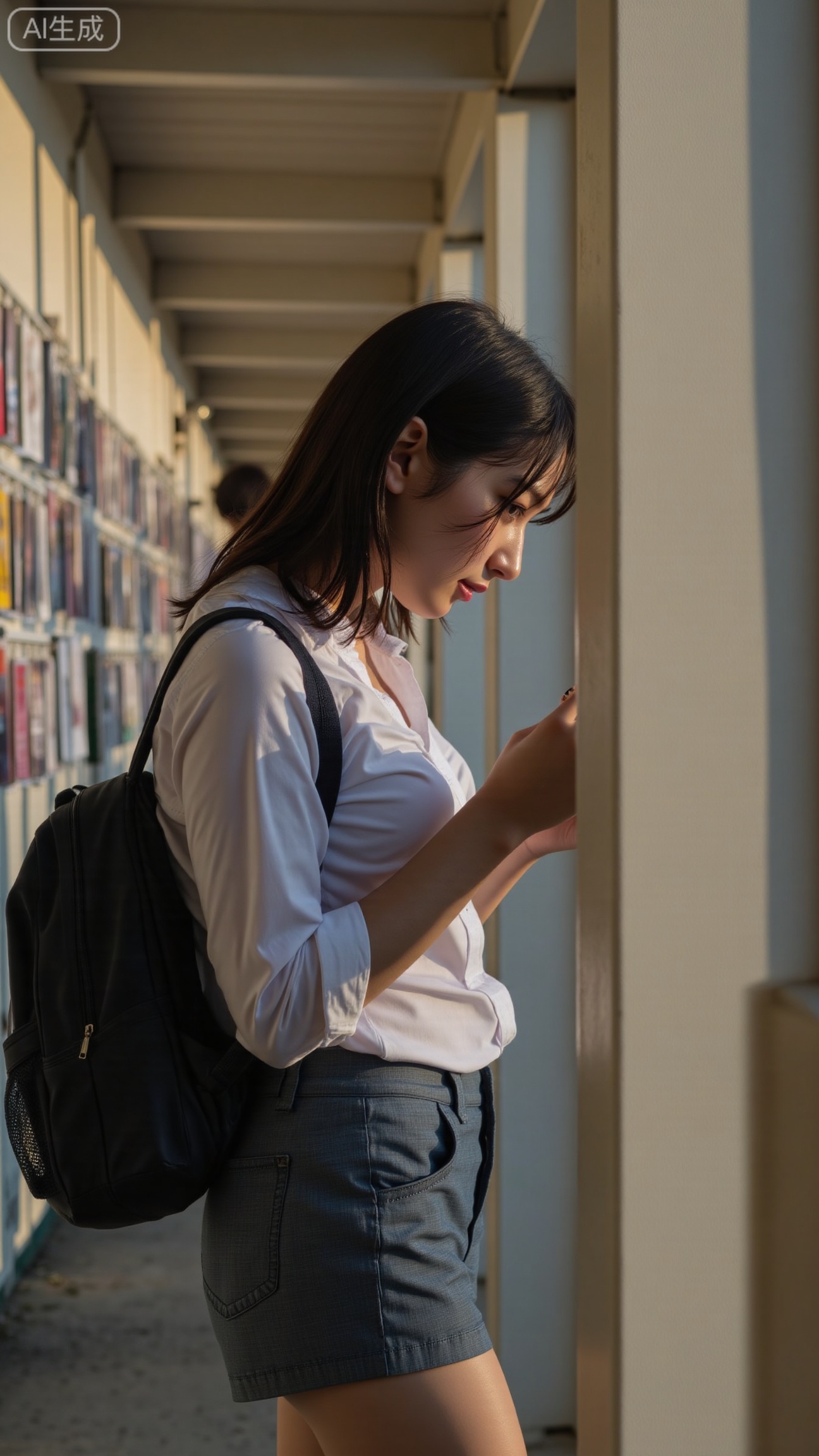 School corridor noticeboard, girl in profile reading, 85mm portrait, golden-hour back-side light creating warm rim and soft shadows, shallow DOF, subtle grain, f/2, 1/200, ISO400, natural skin texture and fine peach fuzz
,XbaifengsongyuYH,Xbigbreasts,XyunxitianmingshiY,XyunxitianmingshiY,XnangongjinY,XnangongjinY2,XshuangjianshinvY,XshuangjianshinvY2,Xzhuapaistyle,Xfuguflim