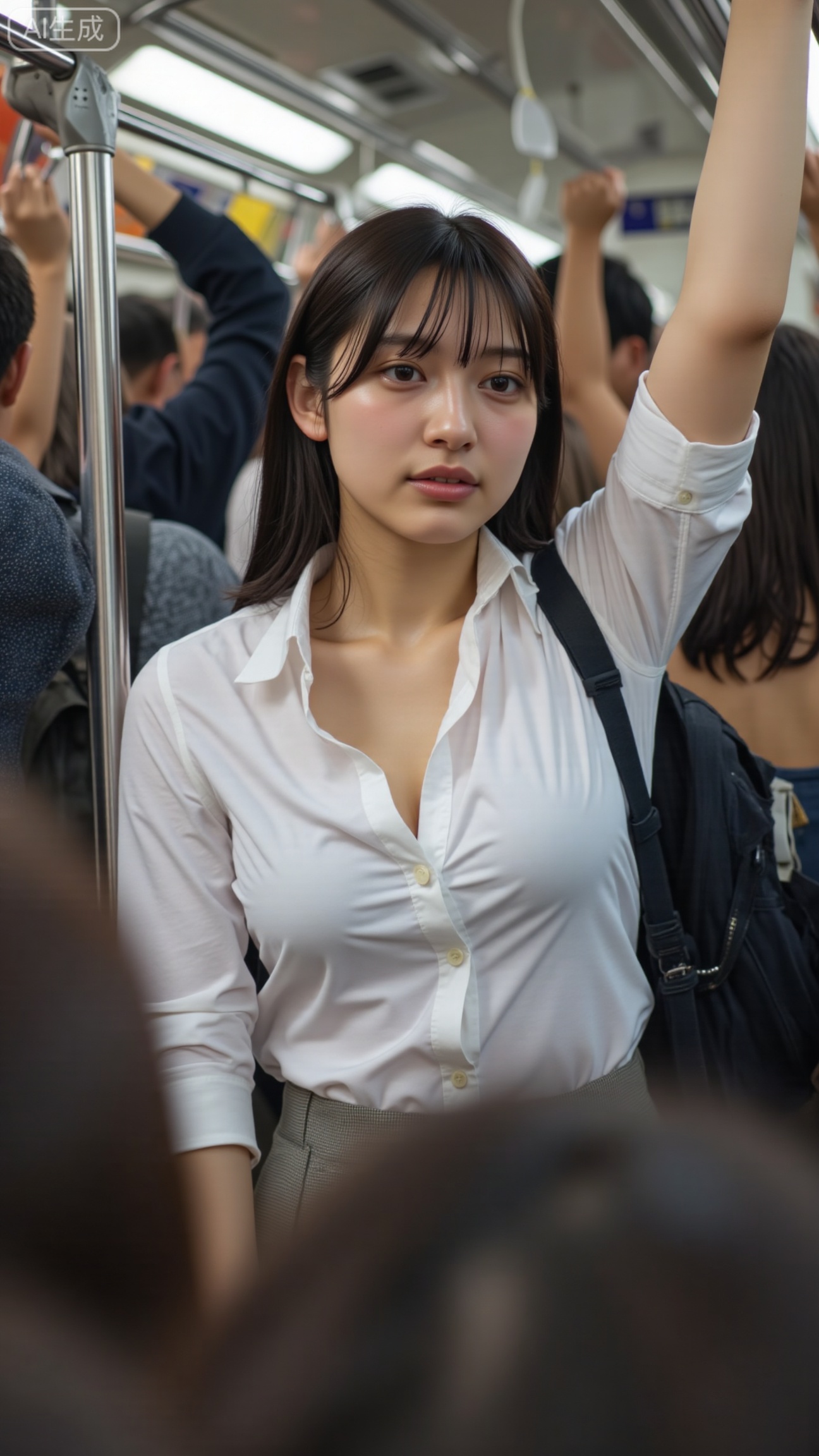  public transit carriage candid, short-haired girl in white shirt raising hand to hold strap, partly opened front buttons, 35mm f/2.5 ISO 800 1/160s, mixed fluorescent light, medium-close shot, crowd blurred yet readable, realistic skin, no flash, no retouch
,XbaifengsongyuYH,Xbigbreasts,XyunxitianmingshiY,XyunxitianmingshiY,XnangongjinY,XnangongjinY2,XshuangjianshinvY,XshuangjianshinvY2,Xzhuapaistyle,Xfuguflim
