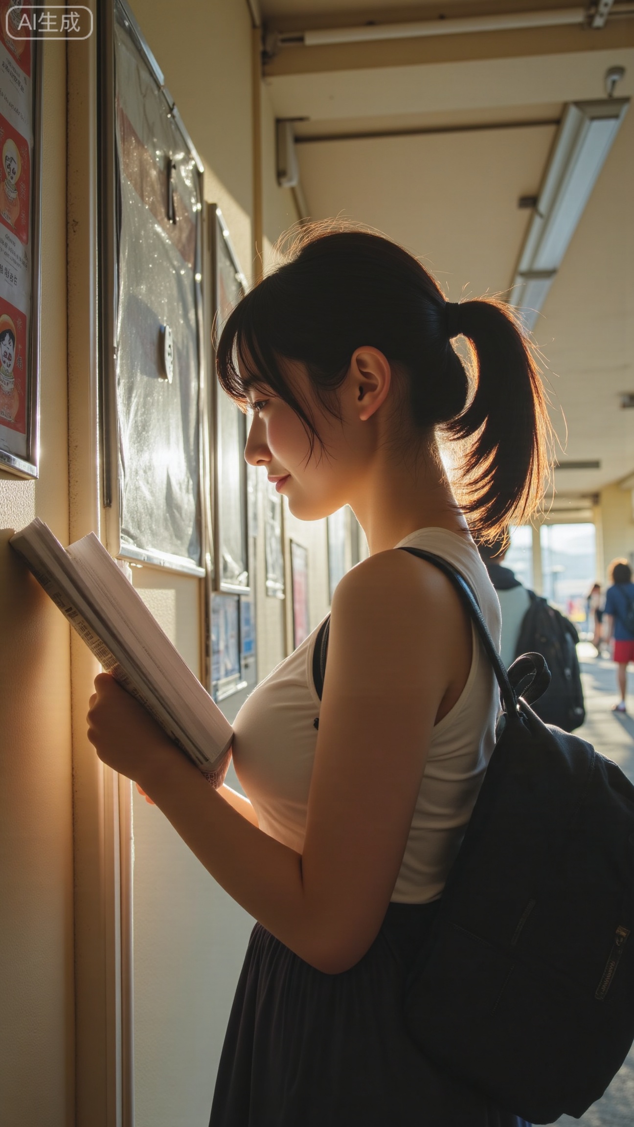 School corridor noticeboard, girl in profile reading, 85mm portrait, golden-hour back-side light creating warm rim and soft shadows, shallow DOF, subtle grain, f/2, 1/200, ISO400, natural skin texture and fine peach fuzz
,XbaifengsongyuYH,Xbigbreasts,XyunxitianmingshiY,XyunxitianmingshiY,XnangongjinY,XnangongjinY2,XshuangjianshinvY,XshuangjianshinvY2,Xzhuapaistyle,Xfuguflim