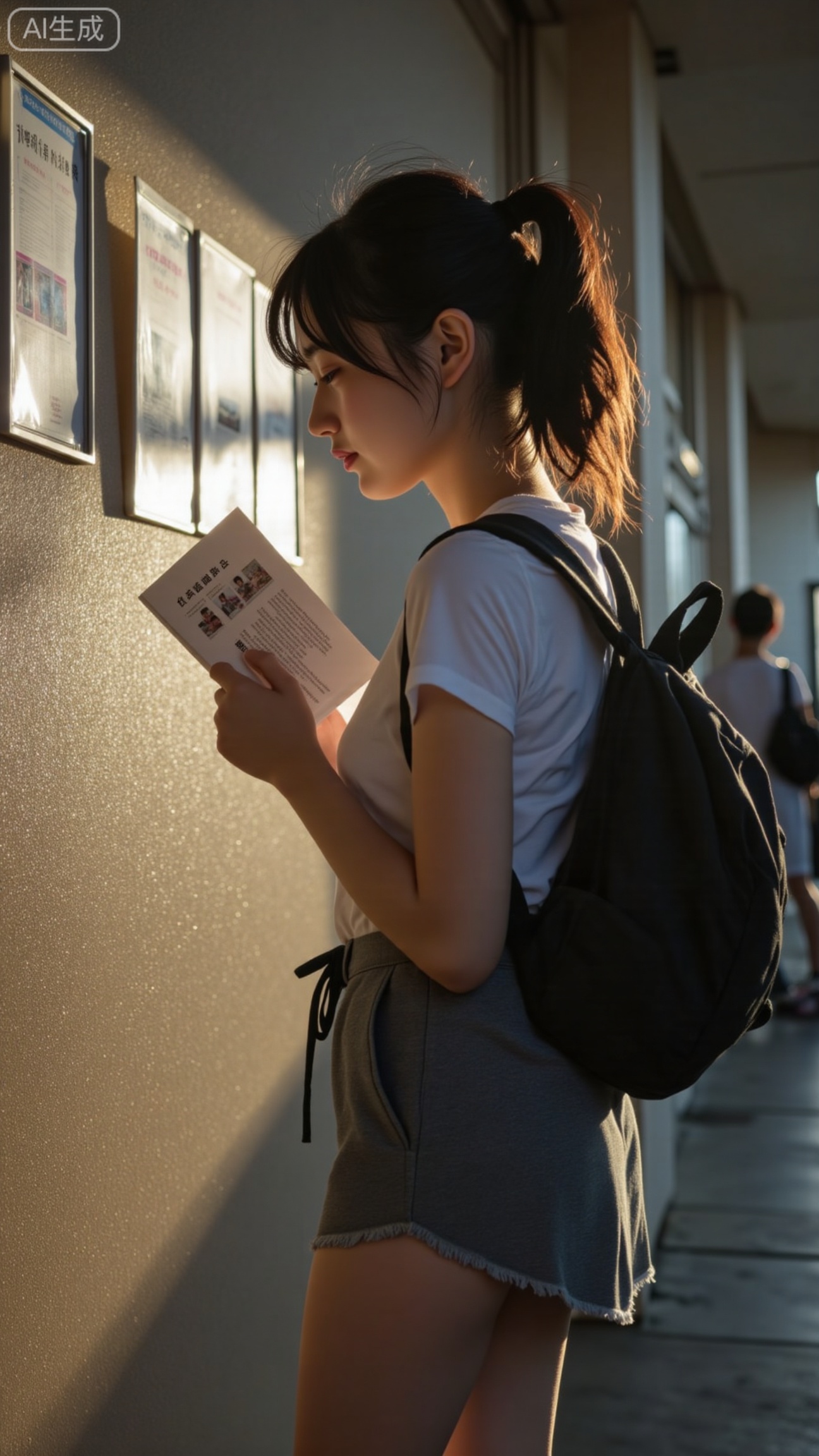 School corridor noticeboard, girl in profile reading, 85mm portrait, golden-hour back-side light creating warm rim and soft shadows, shallow DOF, subtle grain, f/2, 1/200, ISO400, natural skin texture and fine peach fuzz
,XbaifengsongyuYH,Xbigbreasts,XyunxitianmingshiY,XyunxitianmingshiY,XnangongjinY,XnangongjinY2,XshuangjianshinvY,XshuangjianshinvY2,Xzhuapaistyle,Xfuguflim