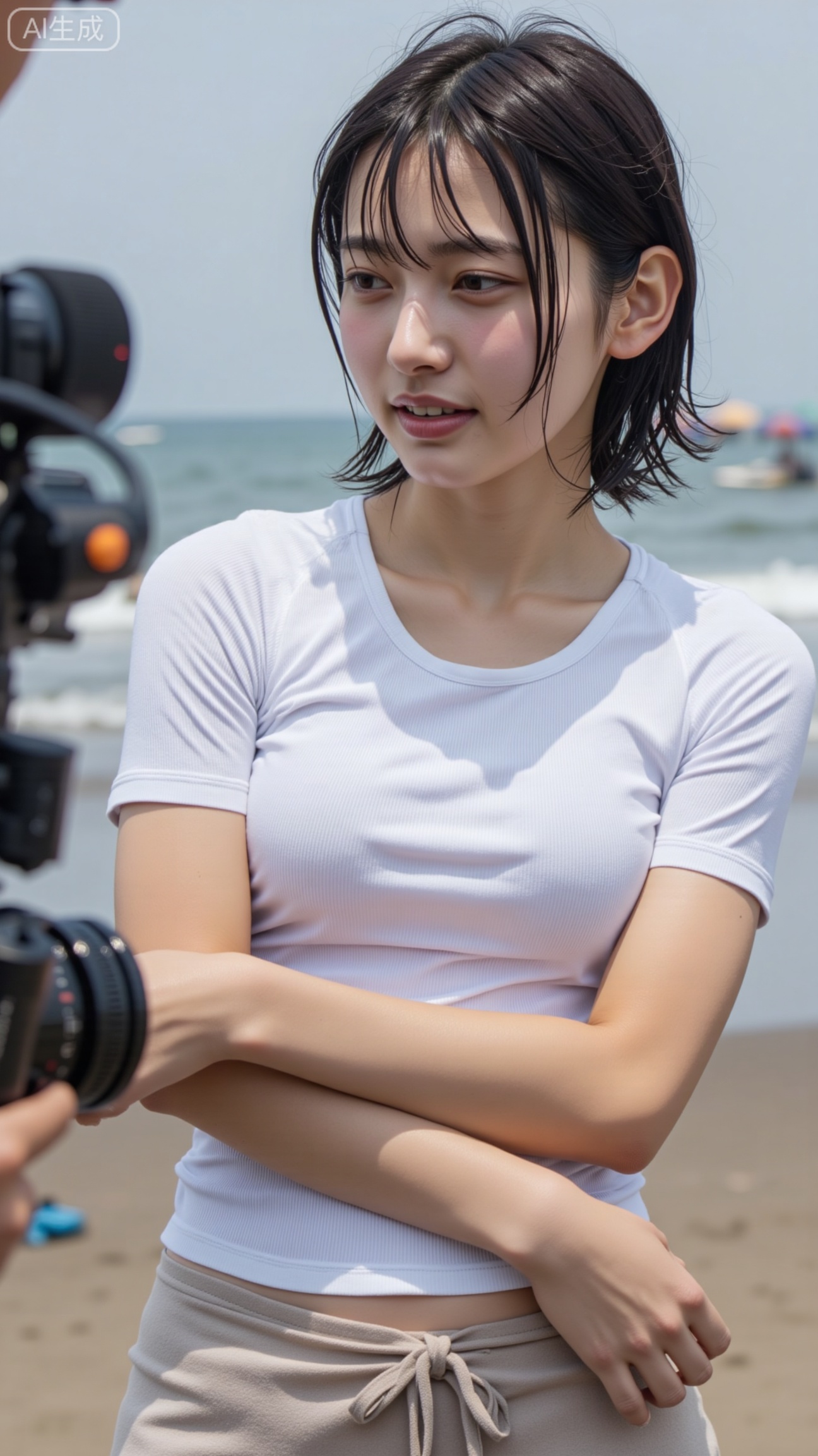 beach documentary interview, wet-haired short-cut girl in tight white tee, boom mic and camera in frame, 35mm f/2.8 ISO 500 1/250s, neutral-cool grade, mild background blur, realistic damp fabric and skin, no beauty filter
,XbaifengsongyuYH,Xbigbreasts,XyunxitianmingshiY,XyunxitianmingshiY,XnangongjinY,XnangongjinY2,XshuangjianshinvY,XshuangjianshinvY2,Xzhuapaistyle,Xfuguflim