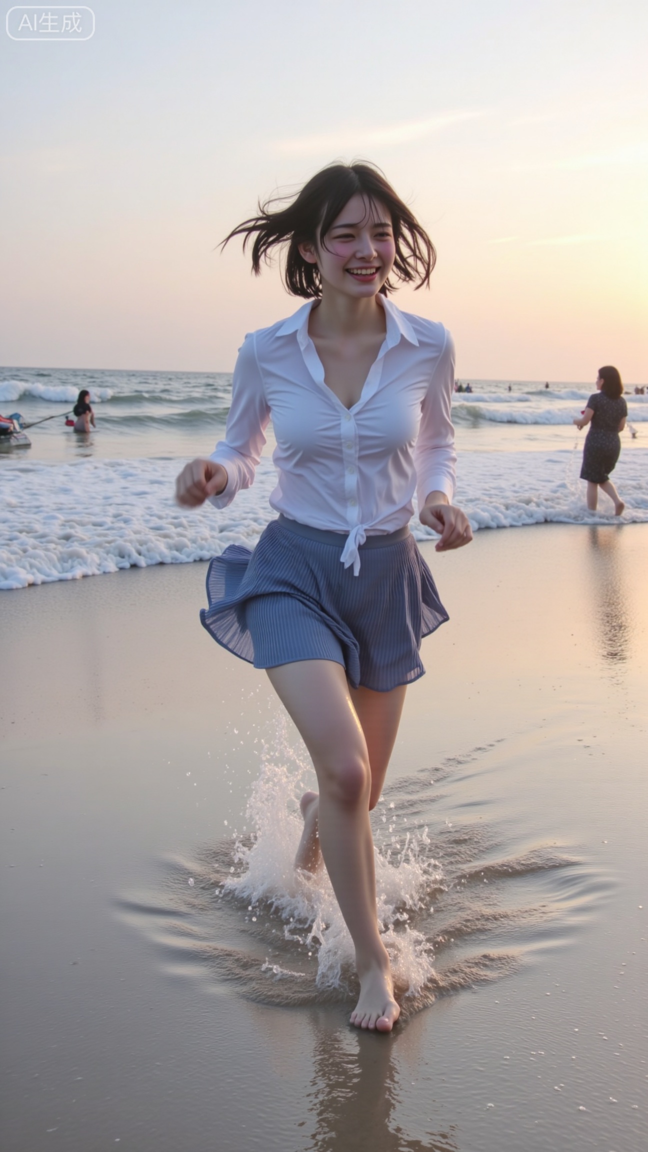 A candid photograph of a young Asian woman with short,tousled brown hair,wearing a white blouse and a pleated blue skirt,joyfully running barefoot in the ocean at sunset. The sky is painted with soft pastel hues,and the waves gently lap at her feet. The image has a grainy,vintage filter.
,XbaifengsongyuYH,Xbigbreasts,XyunxitianmingshiY,XyunxitianmingshiY,XnangongjinY,XnangongjinY2,XshuangjianshinvY,XshuangjianshinvY2,Xzhuapaistyle,Xfuguflim