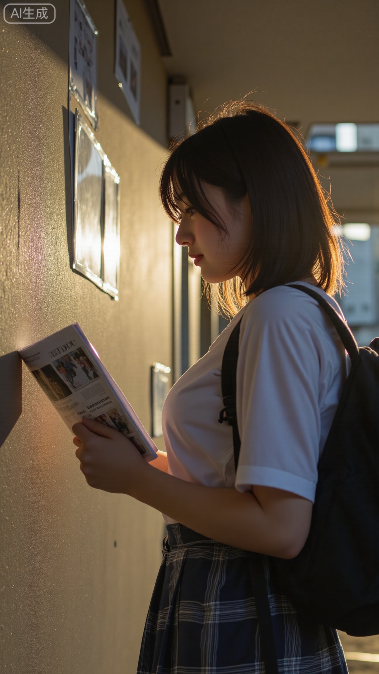 School corridor noticeboard, girl in profile reading, 85mm portrait, golden-hour back-side light creating warm rim and soft shadows, shallow DOF, subtle grain, f/2, 1/200, ISO400, natural skin texture and fine peach fuzz,
Xbigbreasts,XbaifengsongyuYH,XhanyunzhiXY,XliuyuY,XyunxitianmingshiY,XyunxitianmingshiY,XnangongjinY2,XshuangjianshinvY2,Xzhuapaistyle,Xfuguflim
