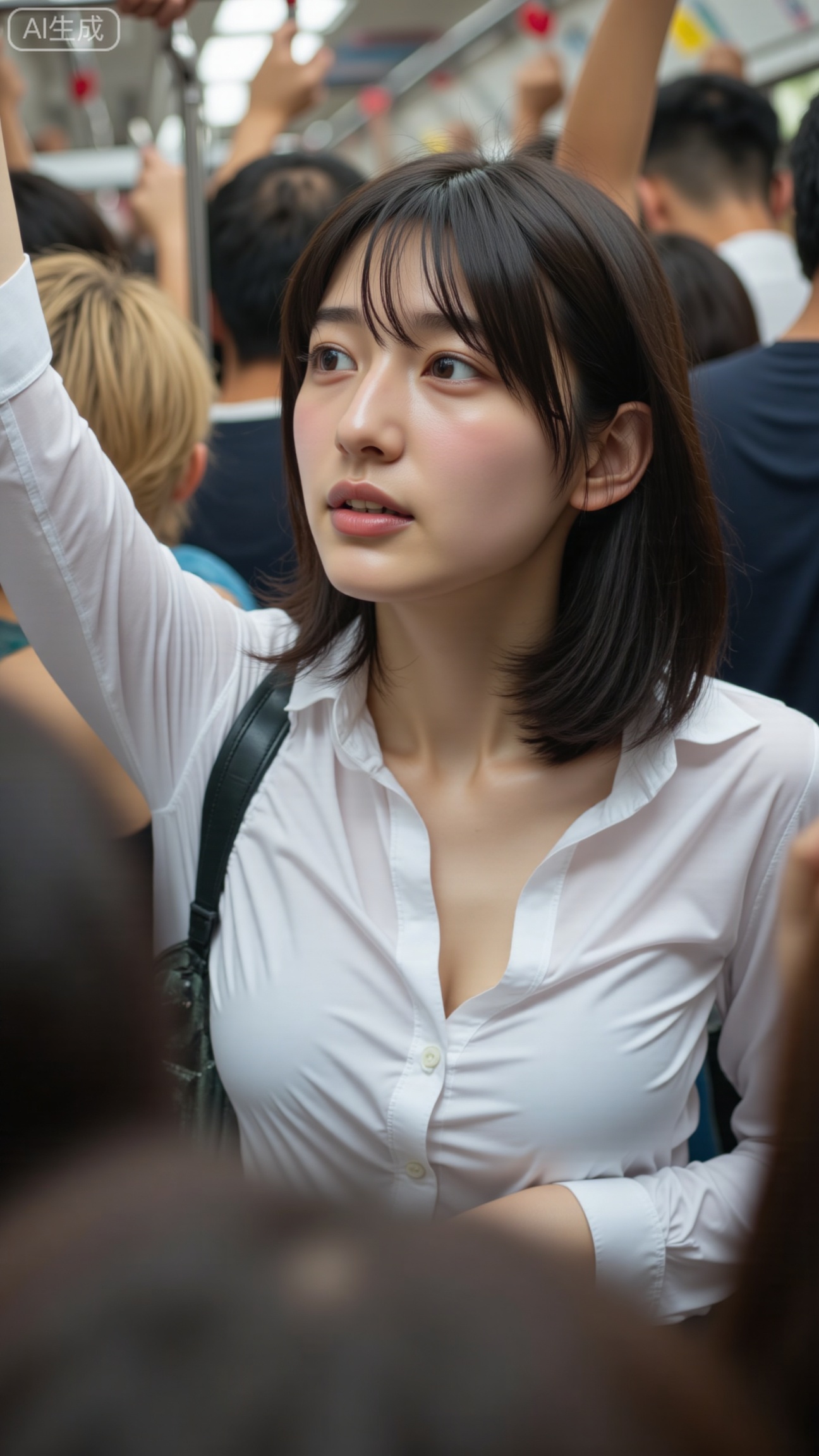  public transit carriage candid, short-haired girl in white shirt raising hand to hold strap, partly opened front buttons, 35mm f/2.5 ISO 800 1/160s, mixed fluorescent light, medium-close shot, crowd blurred yet readable, realistic skin, no flash, no retouch
.,Xbigbreasts,XbaifengsongyuYH,XhanyunzhiXY,XliuyuY,XyunxitianmingshiY,XyunxitianmingshiY,XnangongjinY2,XshuangjianshinvY2,Xzhuapaistyle,Xfuguflim