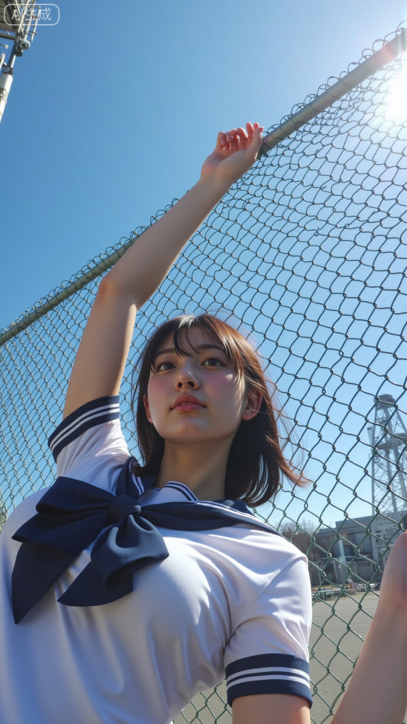 Low-angle shot of a girl in a sailor uniform stretching up and holding a chain-link fence, 24–28mm wide lens, harsh noon sun with slight backlight, saturated blue sky and a distant steel tower, 90s Japanese film look, visible skin texture and flyaway hair, 35mm grain and subtle vignetting, warm tone, f/3.2, 1/800, ISO800 with grain added, candid expression
Xbigbreasts,XbaifengsongyuYH,XhanyunzhiXY,XliuyuY,XyunxitianmingshiY,XyunxitianmingshiY,XnangongjinY2,XshuangjianshinvY2,Xzhuapaistyle,Xfuguflim
