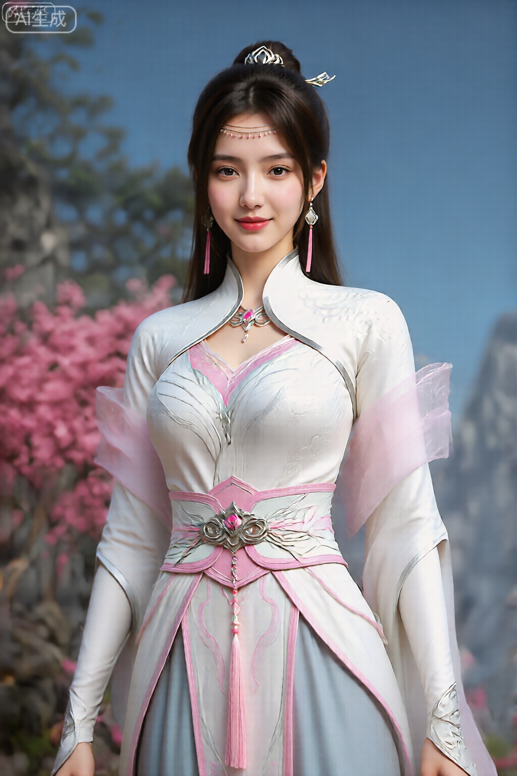 美颜,皮肤质感水润光滑年轻,去AI 感, 职业微笑,
该图像描绘了一个穿着精致的传统风格服装的人。服装以白色为主,带有复杂的粉色和银色细节。上衣采用中式高领和合身长袖。紧身胸衣饰有对称的银色和粉色漩涡图案,腰部用一条装饰性腰带收紧,腰带中央有一个华丽的搭扣和悬挂的流苏。服装的裙子部分是柔和的浅蓝灰色,并带有额外的粉色和银色装饰,优雅地垂落在前面。 此人有一头乌黑的长发,直发,披散下来,头顶上别着一根精致的银色发夹。他们戴着带有粉红色口音的悬挂耳环,与服装的配色方案相匹配。背景中,在清澈的蓝天映衬下,粉红色的花朵（很可能是樱花）充满活力。背景还包括模糊的自然元素,例如树木和可能遥远的山脉,营造出宁静而风景如画的环境。整体构图暗示了历史或奇幻主题背景的场景,强调优雅和细致的设计。
