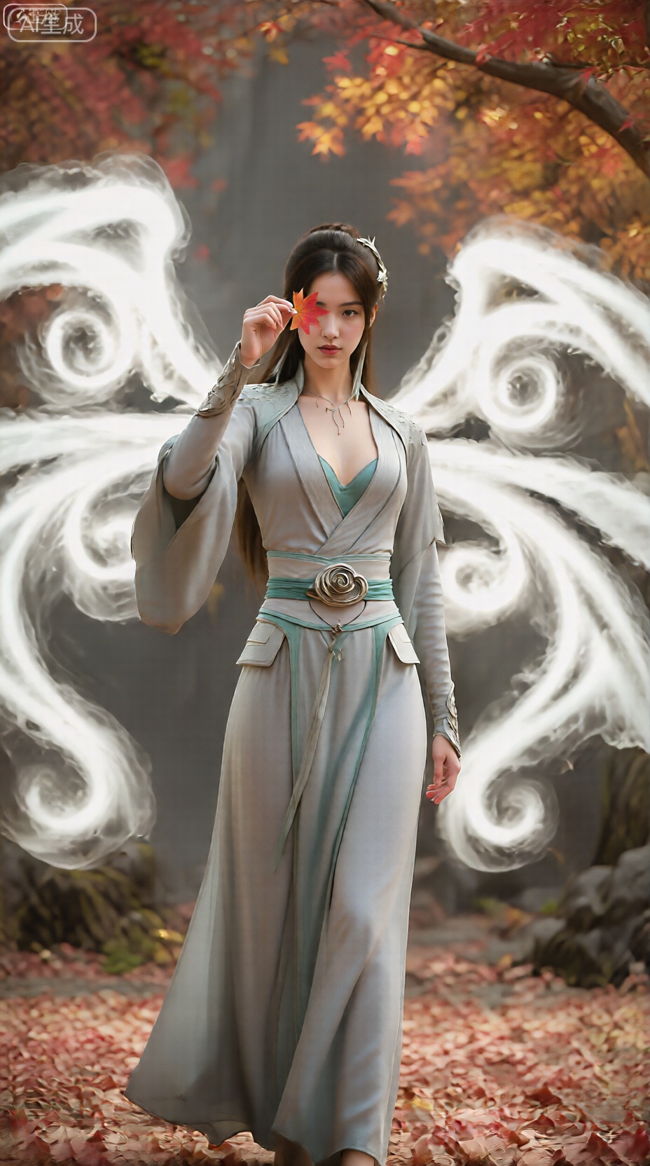 ,她的着装主要是一件飘逸的浅灰色长袍,深V领,露出青色内衣。长袍的腰部用带有圆形华丽搭扣的腰带收紧。背景中有旋转、飘逸的图案,类似烟雾或薄雾,以白色和灰色的色调呈现。,云韵,
真实摄影照片,极具视觉冲击力的精致壁纸风,细节详细,完美形象（清新气质,眼神纯净像小鹿）,完美身材（身形轻盈,腰线明显）,镜头参数：Nikon Z6 II,70-200mm f/2.8 镜头（焦距100mm）,ISO 200,快门速度1/250s,防抖模式开启；场景：秋日枫树林,地面铺浅红落叶,,手捡一片枫叶举在眼前,背景是红黄相间的枫树枝桠（阳光透过枝叶形成光斑）,构图为全身中景,画面带森系朦胧感。