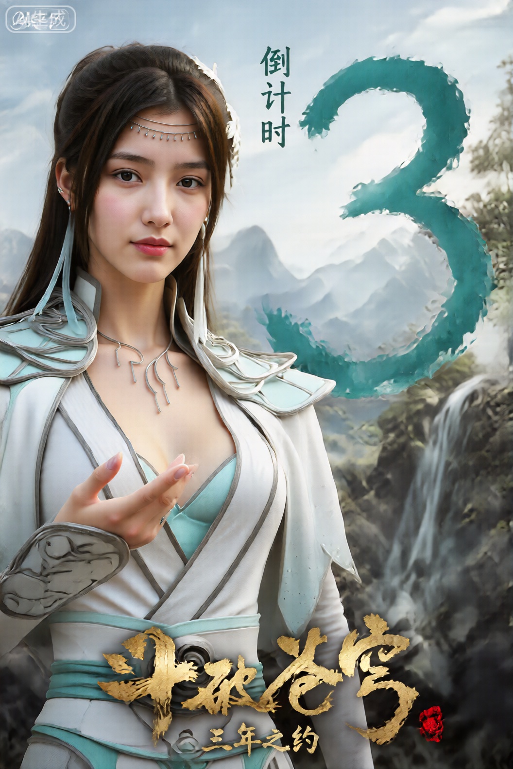 这张照片的主角是一位年轻女子,她有一头长而直的黑发,戴着白色的花卉配饰。她穿着传统的中国风格服装,以白色为主,带有浅蓝色的点缀。该服装包括高领和复杂的肩部设计,类似于装甲板。她的脖子上挂着一个浅蓝色的吊坠。她的表情平静而从容,目光微微偏向一边。 背景是风景秀丽的山脉、瀑布和晴朗的天空。山上部分被薄雾笼罩,给人一种宁静、空灵的气氛。瀑布从图像右侧的岩石地形上倾泻而下。 图像中心显着地显示了一个巨大的、青色的程式化数字“3”,它似乎是设计的一部分,而不是现实世界的物体。在数字“3”的左边,有一个汉字“倒计时”,意思是“倒计时”。 在图像的底部,有更多金色笔画风格的中文文字,上面写着“斗破苍穹”（dòu pò cāng qióng）,翻译过来就是“Doust Broken Sky”或“天空遐想”。下面,较小的文字写着“三年之约”,意思是“三年之约”。右下角还有一个红色的小印章或印章