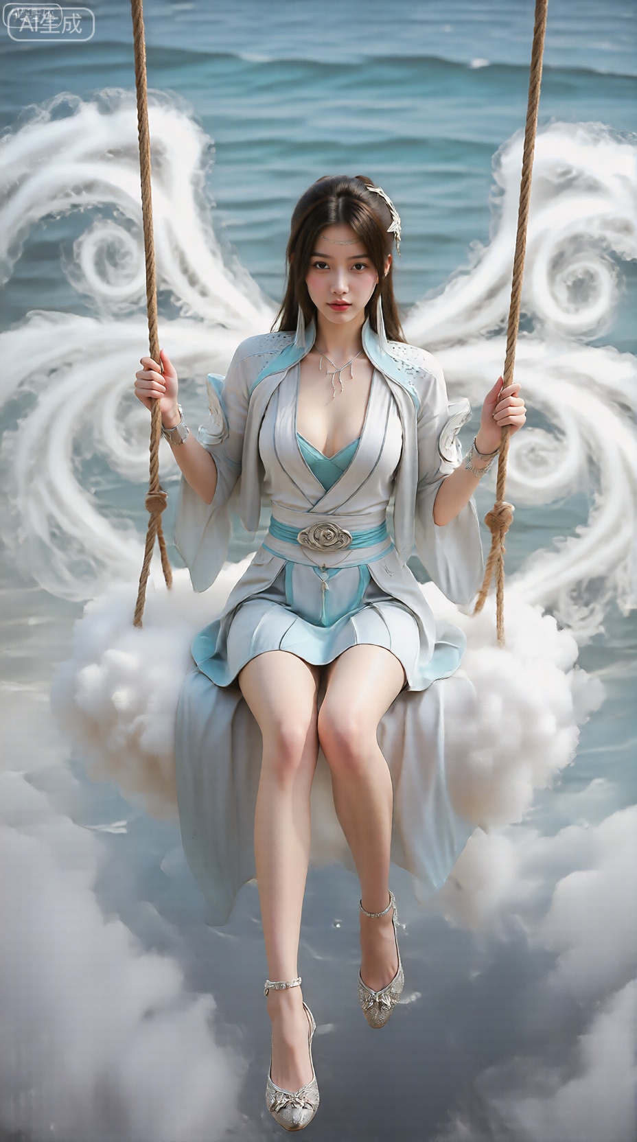 图像中,一位年轻女子坐在由蓬松的白云组成的秋千上,秋千悬浮在一片波浪柔和的海洋上。她穿着浅蓝色和白色水手风格的服装：蓝色领子的短袖上衣,搭配配套的领带,搭配百褶裙。,。她双腿交叉,穿着闪亮的银色钻石高跟鞋,上面有华丽的装饰细节。背景展示了清澈的蓝天和平静的青色海水,阳光从水面反射。秋千由粗大的棕色绳子固定,整体场景明亮,强调服装、云彩和自然环境的鲜艳色彩。,她的着装主要是一件飘逸的浅灰色长袍,深V领,露出青色内衣。长袍的腰部用带有圆形华丽搭扣的腰带收紧。背景中有旋转、飘逸的图案,类似烟雾或薄雾,以白色和灰色的色调呈现。,云韵