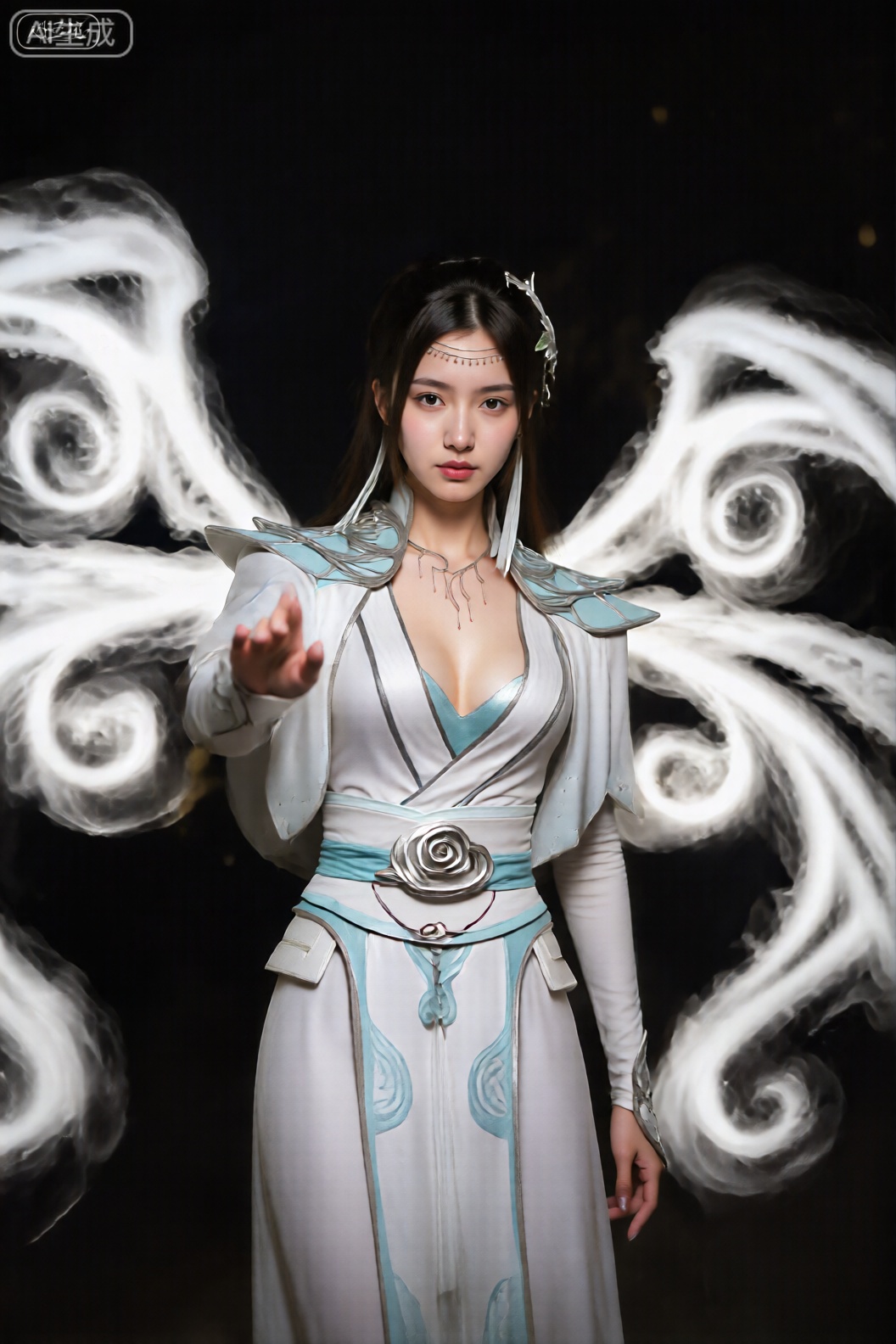 图像中一位年轻女子穿着精致的奇幻服装。她穿着白色和浅蓝色的衣服,设计复杂,胸前有花卉图案,腰间有玫瑰形胸针。服装采用高领和深V领口,露出了部分胸部。她还戴着与服装相配的头饰。 背景中有白色烟雾或薄雾的漩涡图案,营造出动感而空灵的氛围。整体场景似乎是一个黑暗的、可能是夜间的场景,这与明亮而细致的服装形成鲜明对比。女人的头发又长又黑,她正以中性的表情直视着镜头