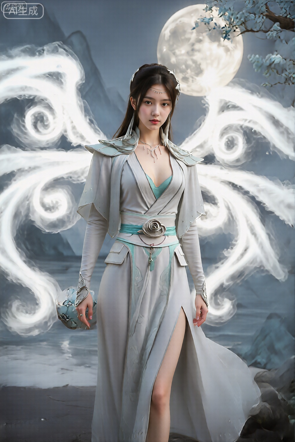 她的着装主要是一件飘逸的浅灰色长袍,深V领,露出青色内衣。长袍的腰部用带有圆形华丽搭扣的腰带收紧。背景中有旋转、飘逸的图案,类似烟雾或薄雾,以白色和灰色的色调呈现。护肩,云韵,。少女细腻白皙的皮肤,看着镜头,海边,夕阳,从头到膝盖的照片,,,
该图像描绘了一个穿着精美的空灵服装的人。这款服装主要是白色的,具有复杂的花卉刺绣和半透明的织物,使其具有微妙而流动的外观。该人的头发漫长,装饰有装饰性头饰,其中包括银色和蓝色元素。在背景中,有一个大而明亮的满月,部分被浅蓝色花朵的树遮盖。该环境还包括风格化的冰冷的蓝色山脉,促成宁静和神秘的氛围。该人拥有一个装饰有类似蓝色花朵的圆形物体,从而增强了场景的凝聚力。,
