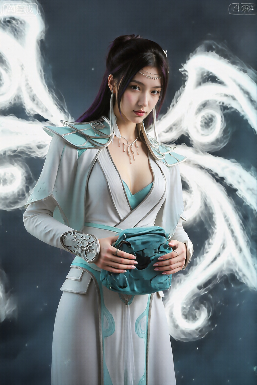 图像中的女性人物有一头深色的长发,发尾逐渐变成浅色,几乎是紫色的色调。她穿着一套精致的、充满幻想风格的服装,融合了传统和未来主义设计元素。该服装以白色为主色调,带有浅蓝色点缀,并具有复杂的图案和金属细节。 她的服装包括浅蓝色内层的深V领上衣、飘逸的宽袖长袍以及浅蓝色和白色带有金属边缘的肩甲。她戴着一条精致的多股项链和一个吊坠,手腕上戴着华丽的金属手镯。 她手里拿着一个青色的小袋子或袋子,其设计似乎是一个风格化的黑色面具或脸。背景是黑暗的星空,带有旋转、发光的白色和蓝色能量图案,类似于飘逸的烟雾或神奇的光环。整体审美是超凡脱俗和神秘的,非常强调幻想和科幻元素。