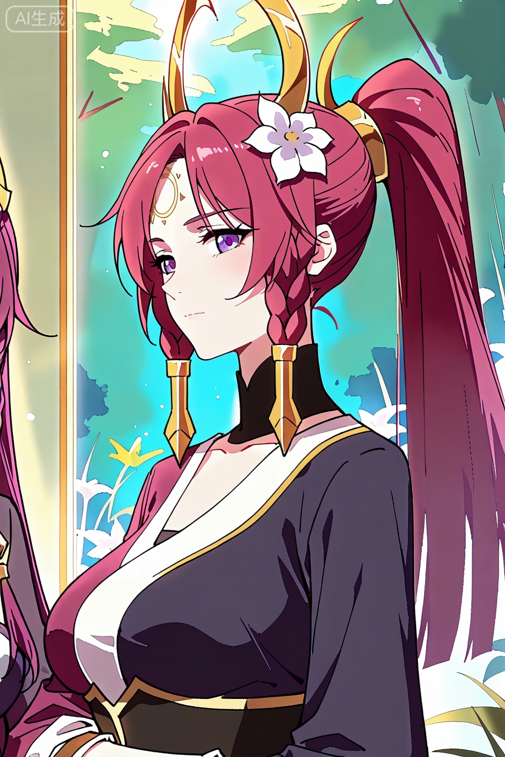 伽罗,best quality,amazing quality,Purple-red hair, braids, high ponytail, gold horn headpiece, white flower in hair, purple eyes,dark purple and white one-sleeve dress,high collar,single white long glove,dark corset,