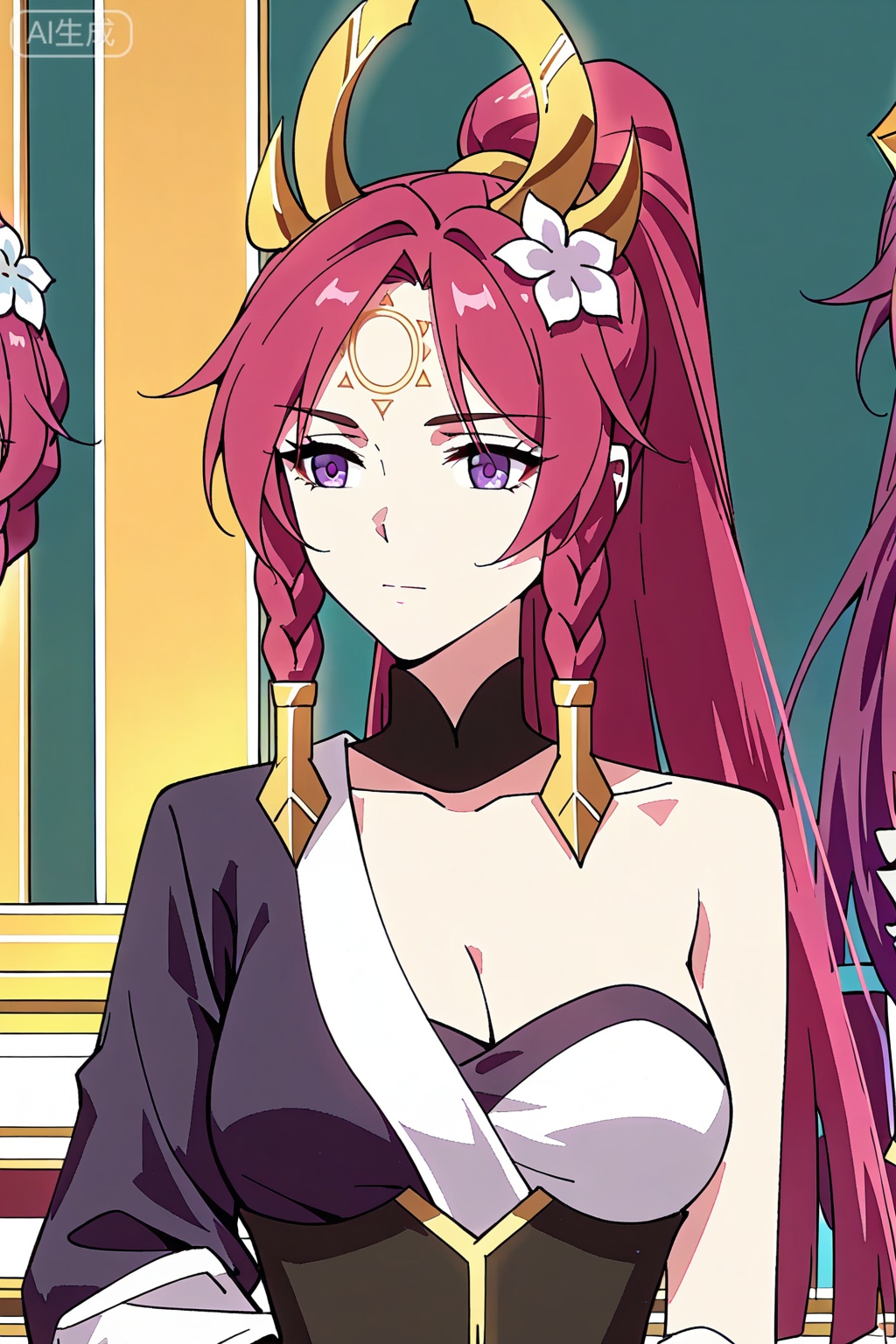 伽罗,best quality,amazing quality,Purple-red hair, braids, high ponytail, gold horn headpiece, white flower in hair, purple eyes,dark purple and white one-sleeve dress,high collar,single white long glove,dark corset,