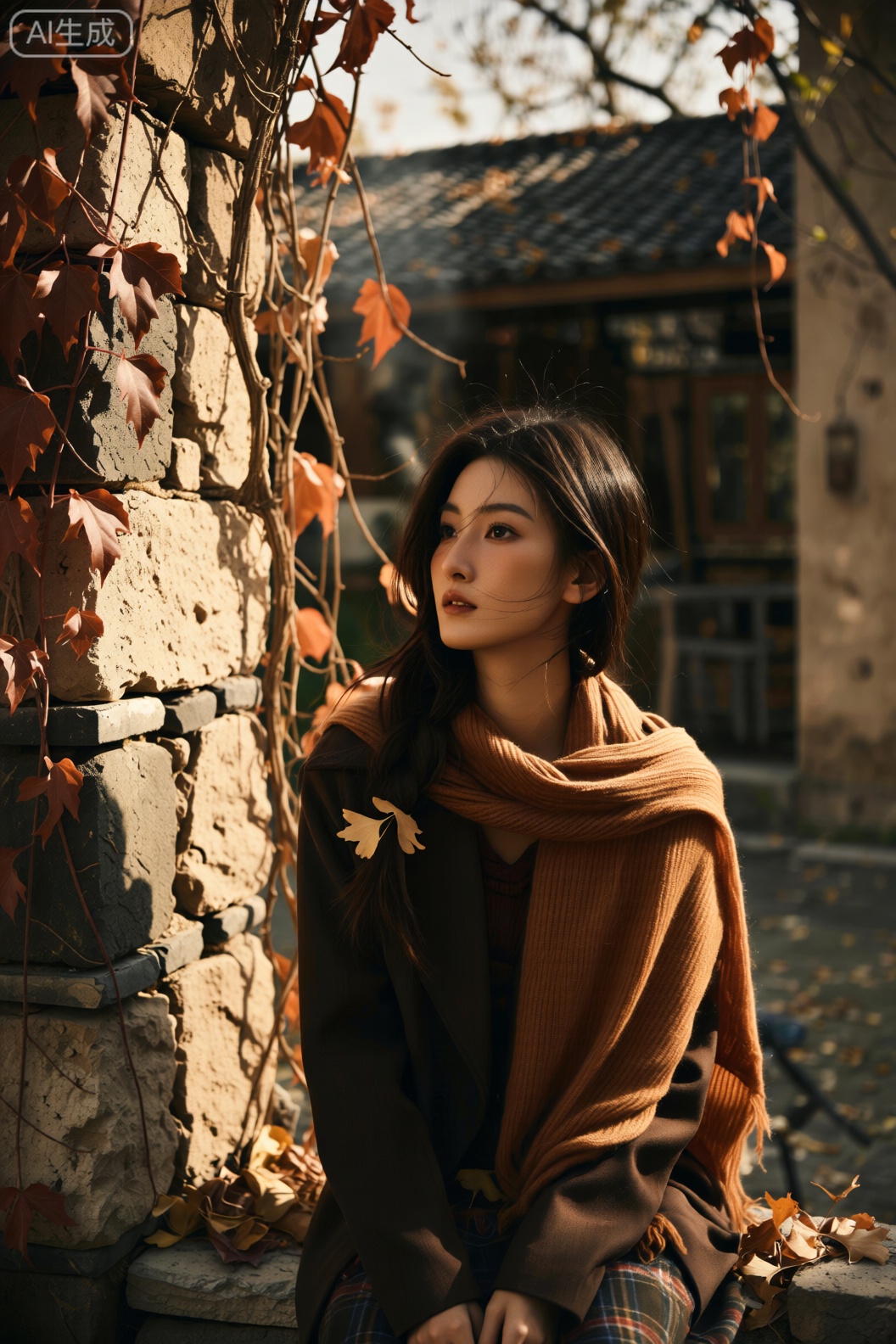 一位女子围着橙棕色的针织围巾,坐在秋日的古村落石墙旁。她的长发编成松散的麻花辫,垂在胸前,发尾缠绕着几片干枯的银杏叶。背景是斑驳的灰白石墙,墙上爬满暗红色的爬山虎藤蔓,远处能看见黛色的瓦檐与飘着炊烟的屋顶。光线是临近傍晚的侧光,带着暖调的昏黄,给石墙、藤蔓都镀上一层复古的金边,围巾的针织纹理在光里显得格外厚实温暖。画面为胶卷风格,颗粒感（噪点）偏复古粗粝,像柯达Tri-X 400 黑白胶片转色后的质感,色彩带着旧时光的黄褐与暗红,饱和度低却充满故事感。渲染突出石墙的粗糙肌理、藤蔓的干枯褶皱与围巾的柔软毛绒,色彩以橙棕、灰褐、暗红为主,营造出古朴宁静又带着岁月沉淀感的秋日古村氛围。构图用前景构图,让石墙的一角作为前景,人物在中景,背景延伸出村落屋舍。拍摄角度为平视,搭配复古胶卷滤镜。使用尼康Z6 II 相机（后期模拟胶卷）,搭配尼克尔Z 35mm f/1.8 S 镜头,快门速度1/100s,光圈f/2.0,后期添加胶卷颗粒与复古色彩偏移,还原胶片拍古村的怀旧质感。