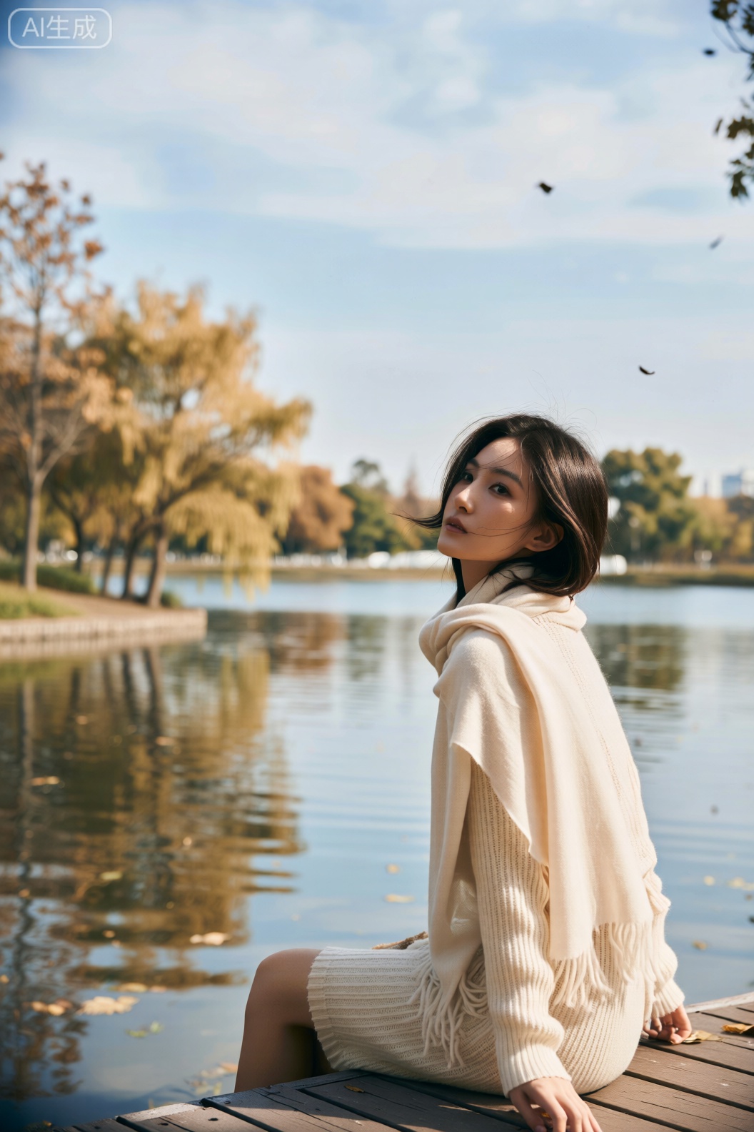 一位女子裹着米白色的马海毛围巾,坐在秋日的湖边木栈道上。她的短发是轻盈的亚麻色,在微凉的秋风里微微晃动。背景是平静的湖水,倒映着岸边黄绿相间的柳树,远处天空是淡蓝色,飘着几缕薄云。光线是清晨的侧逆光,清冷又带着一丝暖意,给湖水镀上银边,围巾的绒毛在光里像蒙着层细雾。画面为胶卷风格,颗粒感（噪点）细腻柔和,带着富士Velvia 50 胶片的清新冷调,色彩透亮却不刺眼,保留秋日清晨的静谧感。渲染强调马海毛围巾的蓬松轻软与湖水的温润质感,色彩以米白、淡蓝、黄绿为主,营造出清新静谧又带着微凉秋意的湖畔氛围。构图采用三分法,人物位于画面右侧,湖水与柳树占左侧三分之二。拍摄角度为微仰的平视,搭配复古胶卷滤镜。使用索尼A7C 相机（后期模拟胶卷）,搭配FE 50mm f/1.8 镜头,快门速度1/125s,光圈f/2.5,后期添加胶卷颗粒与冷调色彩,还原胶片拍清晨湖畔的清新复古感。
