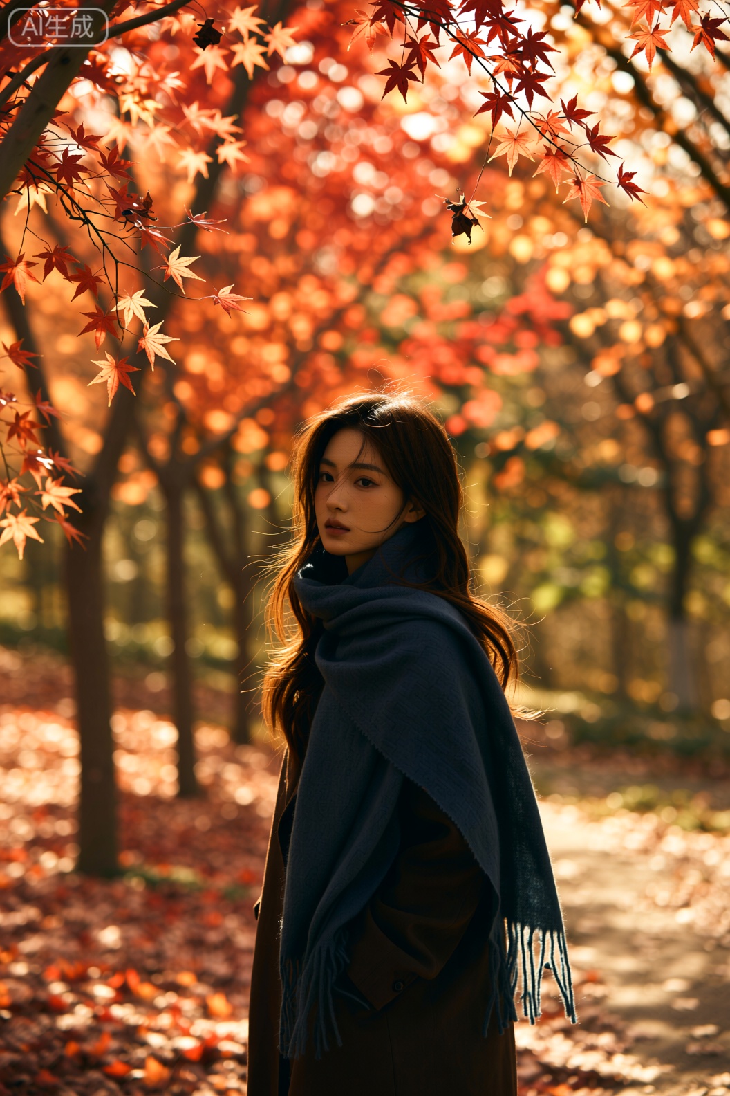 一位女子围着藏青色的羊绒围巾,站在秋日的枫树林小径上,她的头发是温柔的栗棕色,随意披散在肩头,被枫叶缝隙漏下的阳光染成金红,背景是层层叠叠,红得似火的枫树,地面铺着厚厚一层枫叶,像块猩红的绒毯,光线是午后的散射光,柔和却充满力量,把枫叶的红与围巾的深青衬得格外浓郁,画面为胶卷风格,颗粒感（噪点）偏粗犷,带着柯达Portra 400 胶片的色彩浓郁感,红调更饱和,像被岁月加深了印记,渲染突出枫叶的干燥脆感与羊绒围巾的顺滑质感,色彩以猩红,藏青,金棕色为主,营造出热烈又带着复古怀旧的秋日枫林氛围,构图用引导线构图,枫树林小径从画面下方延伸向远方,人物站在小径一侧,拍摄角度为平视,搭配复古胶卷滤镜,使用佳能EOS R6 相机（后期模拟胶卷),搭配RF 24-70mm f/2.8 镜头（焦段设为50mm),快门速度1/160s,光圈f/2.8,后期添加胶卷颗粒与色彩浓化,还原胶片拍枫林的复古热烈感,