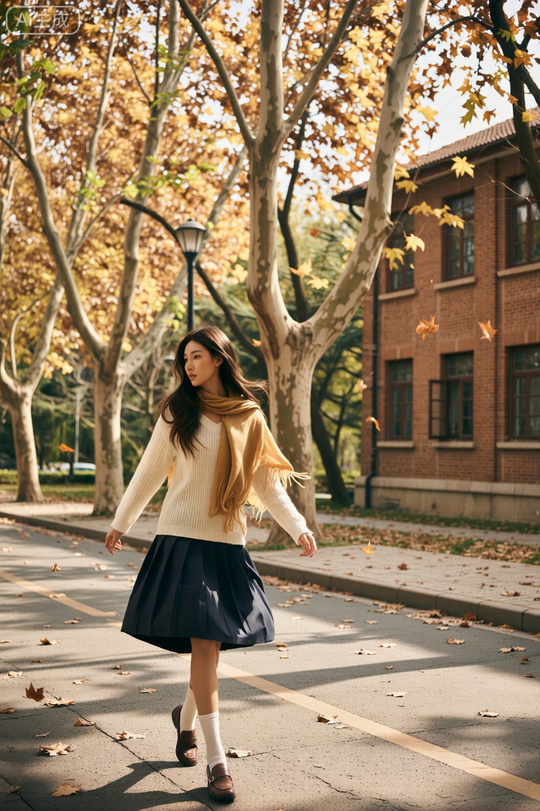 一位大学生模样的女子,围着姜黄色的羊毛围巾,漫步在秋日的校园林荫道上。她身着一件白色宽松针织衫,衣摆塞进一条深蓝色百褶裙中,裙子的褶子线条清晰,随着她的步伐轻轻摆动。百褶裙长度刚好及膝,露出她纤细的小腿,搭配一双白色短袜和棕色低跟皮鞋,尽显青春活力。她有着一头柔顺的浅金色长发,随意地搭在肩膀一侧,发梢随着步伐轻轻摆动。道路两旁高大的法国梧桐,叶子已变成金黄与褐色相间,纷纷扬扬地飘落。背景中,能看到远处复古风格的教学楼,红色的砖墙在秋叶映衬下显得格外醒目。
光线是午后斜射的阳光,穿过树叶的缝隙洒下,形成一片片斑驳的光影落在女子身上。光线呈现暖色调,给整个场景增添了温馨且怀旧的氛围。画面采用胶卷风格,有着明显但细腻的噪点,类似富士Superia 400 胶卷的颗粒质感。色彩以姜黄、金黄、褐红为主,强调出秋日独有的色彩韵味,渲染突出羊毛围巾的柔软质感、梧桐叶的脉络以及教学楼的复古纹理。
构图运用三分法,将女子置于画面左侧三分之一处,右侧留给林荫道和教学楼,使画面更具空间感。拍摄角度为平视,贴近人正常的视角,让观者更有身临其境之感。使用复古胶卷滤镜,进一步强化胶卷的色彩风格。使用索尼A7R V 相机,搭配FE 50mm f/1.4 GM 镜头,快门速度1/125s,光圈f/2.5,焦段50mm,以呈现出校园秋日里充满故事感的一幕。。秋日氛围