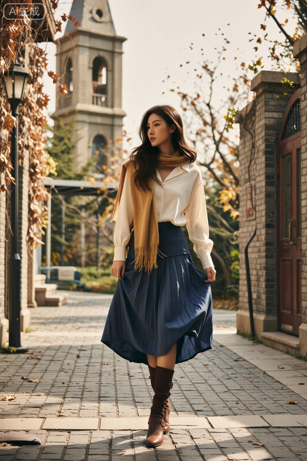 一位优雅女性,身着象牙白真丝衬衫,领口微微敞开,露出精致的锁骨,袖口处的褶皱设计增添细节。搭配一条宝蓝色百褶中长裙,百褶灵动飘逸,行走间尽显优雅姿态。她围着一条芥末黄的羊毛围巾,围巾松松垮垮地搭在肩上,为整体造型注入一抹亮色。她腿上穿着深咖色的厚长袜,长袜带有细腻的纹理,保暖又不失时尚,脚踩一双棕色麂皮短靴,靴筒上的金属扣装饰精致而低调。
她站在秋日的古旧街道上,背景是青灰色的石板路,道路两旁是斑驳的砖墙,墙上爬满了枯黄的藤蔓。远处有一座古老的钟楼,在秋日的余晖中更显古朴。她一头亚麻色的大波浪卷发,慵懒地散落在肩膀上,微微侧身,眼神望向远方。
午后的阳光从斜上方洒下,光线柔和且带着暖黄色调,在她身上和地面形成自然的光影。画面采用胶卷风格,有着适中且均匀的噪点,类似柯达Portra 400 胶卷的颗粒感。色彩以象牙白、宝蓝、芥末黄、深咖为主,营造出复古而优雅的秋日氛围,渲染突出真丝衬衫的光泽、百褶裙的垂坠以及长袜的纹理质感。
构图采用中心构图,将她置于画面中心,让周围的古旧街道元素环绕她,增强画面的整体感。拍摄角度为平视,使观者能直接感受她的优雅气质。使用复古胶卷滤镜,强化胶卷色彩的复古韵味。使用索尼A7R IV 相机,搭配FE 35mm f/1.4 GM 镜头,快门速度1/100s,光圈f/2.5,焦段35mm。。秋日氛围