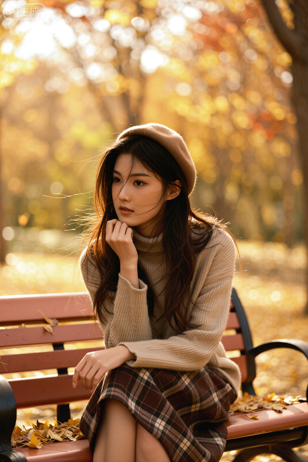 一位长发美女,穿着米色高领毛衣与棕红色格纹半身裙,头戴浅棕色贝雷帽,坐在铺满金黄落叶的公园长椅上,她单手托腮,眼神温柔看向画面左侧,发丝被微风轻拂,背景是秋日树林,树叶呈现暖黄,橙红的渐变色彩,阳光透过枝叶洒下斑驳光影,光线为柔和的侧逆光,给人物轮廓镀上一层暖金边,营造出温暖又慵懒的氛围,渲染突出皮肤的细腻与毛衣的柔软质感,色彩以暖棕,金黄为主,带着复古胶片的温润色调,构图采用三分法,人物位于画面右侧三分之一处,拍摄角度为微仰的平视,搭配秋日暖调滤镜,使用佳能EOS R6 相机,搭配RF 85mm f/1.2L USM 镜头,快门速度1/125s,光圈f/1.8,焦段85mm,捕捉秋日里静谧美好的人像氛围,