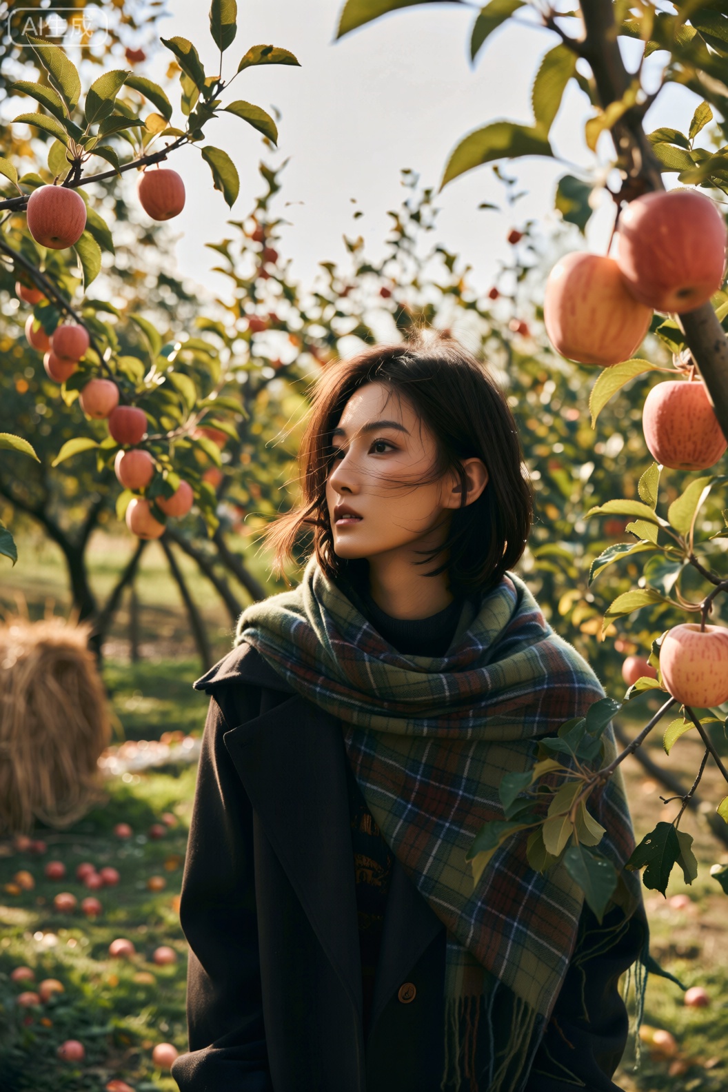 一位女子裹着深绿色的格纹羊绒围巾,站在秋日的果园里。她的头发是利落的黑色短发,被风吹得微微向后拢起,露出清晰的下颌线。背景是挂满红黄相间苹果的果树,地面散落着熟透掉落的果实,远处还有草垛与木质围栏。光线是正午稍偏的顶光,明亮却不刺眼,把苹果的鲜亮色彩、围巾的格纹细节都照得清清楚楚,草叶上的露珠在光里像细碎的钻石。画面为胶卷风格,颗粒感（噪点）细腻均匀,带着富士Pro 160NS 胶片的清新暖调,色彩饱满鲜活,像把秋日果园的丰收感都定格下来。渲染突出羊绒围巾的顺滑格纹、苹果的饱满光泽与草叶的鲜嫩质感,色彩以深绿、红、黄为主,营造出鲜活明媚又充满丰收喜悦的秋日果园氛围。构图采用中心构图,人物站在果树间,周围果实环绕。拍摄角度为微俯的平视,搭配复古胶卷滤镜。使用佳能EOS R5 相机（后期模拟胶卷）,搭配RF 85mm f/1.2 镜头,快门速度1/200s,光圈f/2.2,后期添加胶卷颗粒与色彩提亮,还原胶片拍果园的鲜活复古感。