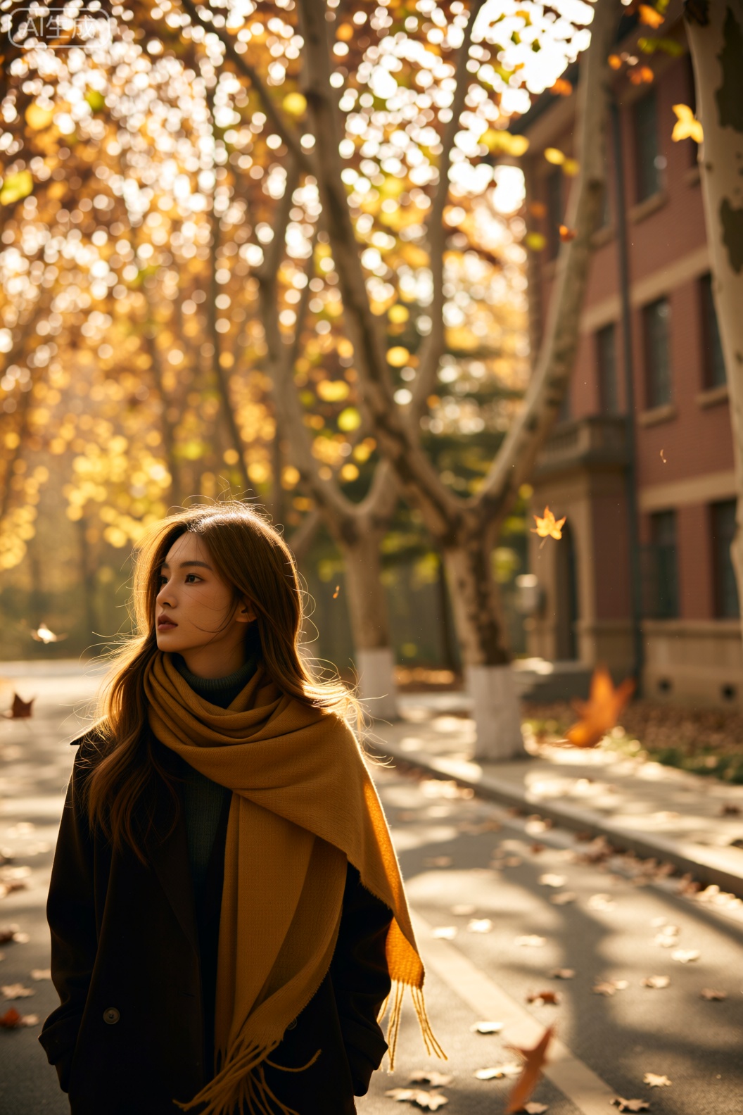 一位女子围着姜黄色的羊毛围巾,漫步在秋日的校园林荫道上。她有着一头柔顺的浅金色长发,随意地搭在肩膀一侧,发梢随着步伐轻轻摆动。道路两旁高大的法国梧桐,叶子已变成金黄与褐色相间,纷纷扬扬地飘落。背景中,能看到远处复古风格的教学楼,红色的砖墙在秋叶映衬下显得格外醒目。
光线是午后斜射的阳光,穿过树叶的缝隙洒下,形成一片片斑驳的光影落在女子身上。光线呈现暖色调,给整个场景增添了温馨且怀旧的氛围。画面采用胶卷风格,有着明显但细腻的噪点,类似富士Superia 400 胶卷的颗粒质感。色彩以姜黄、金黄、褐红为主,强调出秋日独有的色彩韵味,渲染突出羊毛围巾的柔软质感、梧桐叶的脉络以及教学楼的复古纹理。
构图运用三分法,将女子置于画面左侧三分之一处,右侧留给林荫道和教学楼,使画面更具空间感。拍摄角度为平视,贴近人正常的视角,让观者更有身临其境之感。使用复古胶卷滤镜,进一步强化胶卷的色彩风格。使用索尼A7R V 相机,搭配FE 50mm f/1.4 GM 镜头,快门速度1/125s,光圈f/2.5,焦段50mm,以呈现出校园秋日里充满故事感的一幕。秋日氛围