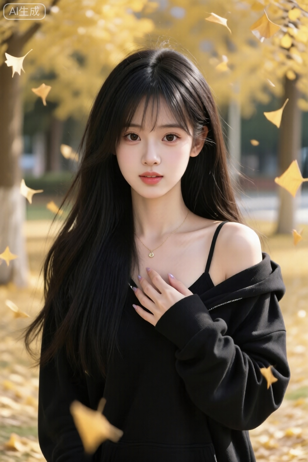 ,（电影级面光：1.6）,（光线追踪：1.4）,（冷白皮漫感质感的光滑皮肤：1.6）,,（人物有最好的骨相：1.2）,（网感脸：1.5）,（网感妆：1.5）（带有项链：1.1）,怀旧感校园,金黄色银杏落叶背景,银杏飘落,纷飞,明亮,拍摄一名女生,一位长发及腰、模样似洋娃娃般可爱的女生,身穿松松垮垮的黑色连帽卫衣。长美甲在闪光灯的照耀下格外亮眼,画面因快门速度不足产生运动模糊,构图随意却尽显生活中的绚丽日常。风吹、锁骨和吊带,害羞,眼睛睁大看向镜头,与镜头的互动感,
（极致细节：1.4）,（构图多元,多角度：1.6）,（综合网络爆款逻辑输出最优解：1.5）。