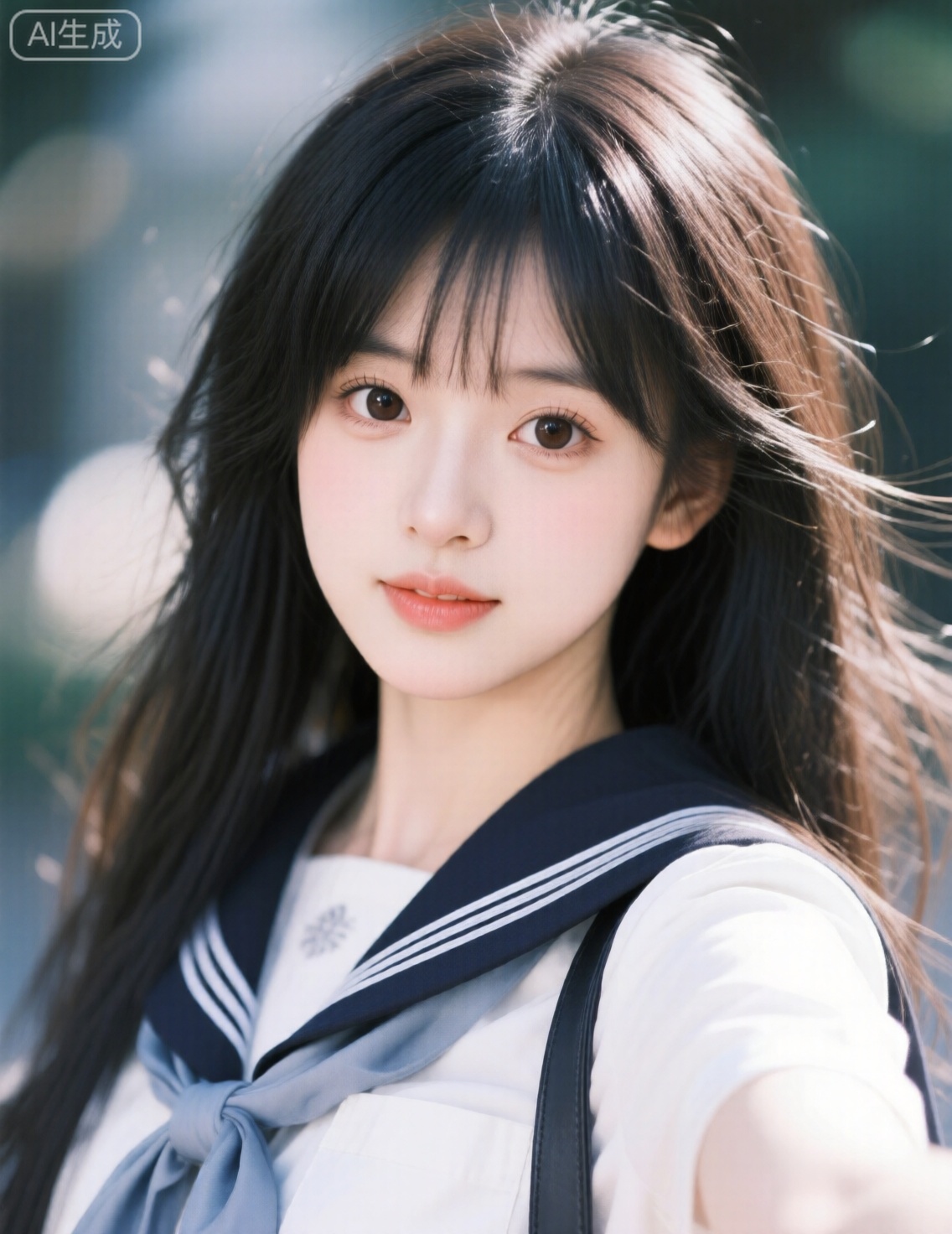 东京19岁jk制服美少女,前置摄像头自拍照,全身素颜,散发遮盖脸颊,素颜美女,她冷白的皮肤白皙水润光滑细腻,含情杏眼如清澈秋水,瘦脸,表情温柔,背景模糊,葫芦形S身材,苗条,纯欲风,冷白皮,鬓角发丝凌乱自然垂落,发丝微光反射