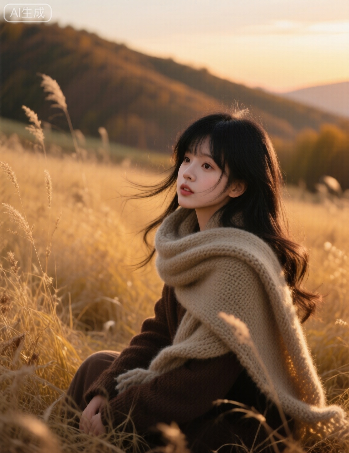 一位女子披着厚实的针织围巾,坐在秋日金黄的草甸里,她的黑发被微风轻拂,几缕发丝飘在脸颊旁,背景是暖调的山坡与黄昏天空,光线是黄昏时柔和的侧逆光,给人物和草甸镀上一层暖金边,整体画面为胶卷风格,带有明显的颗粒感（噪点),色彩呈现出复古的暖棕与金黄调,像被时光晕染过,渲染侧重草茎的干枯质感与针织围巾的毛绒感,色彩浓郁且带着胶片特有的色彩偏差,暖调更厚重,构图采用三分法,人物位于画面右侧,草甸向左侧延伸,拍摄角度为平视,搭配复古胶卷滤镜（模拟富士Pro 400H 胶片质感),使用佳能EOS R5 相机（后期模拟胶卷),搭配RF 50mm f/1.2L 镜头,快门速度1/125s,光圈f/2.0,焦段50mm,通过后期添加胶卷颗粒与色彩偏移,还原复古胶卷拍摄的质感,