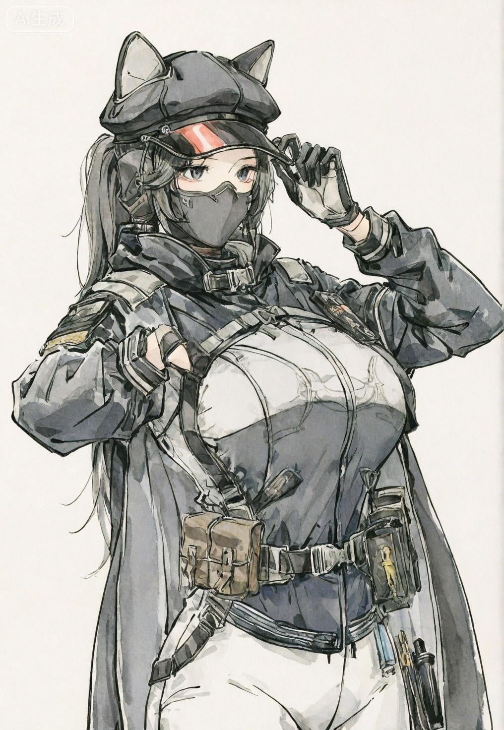 ((very awa)),(solo),highly detailed,(best quality),((masterpiece)),1girl,chi,,painting \(medium\),watercolor \(medium\),black hair,simple background,large breasts,lineart,flat color,ge,sanjiaozhouluna,gloves,jacket,hat,animal ears,helmet,long sleeves,