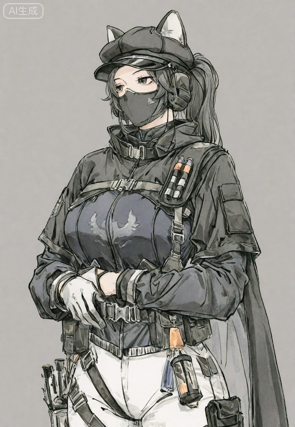 ((very awa)),(solo),highly detailed,(best quality),((masterpiece)),1girl,chi,,painting \(medium\),watercolor \(medium\),black hair,simple background,large breasts,lineart,flat color,ge,sanjiaozhouluna,gloves,jacket,hat,animal ears,helmet,long sleeves,