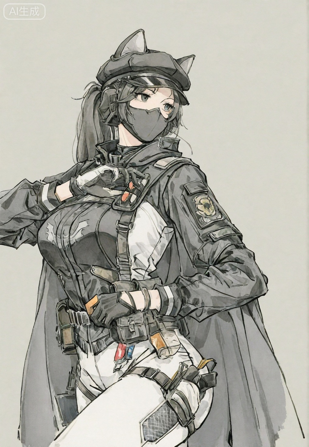 ((very awa)),(solo),highly detailed,(best quality),((masterpiece)),1girl,chi,,painting \(medium\),watercolor \(medium\),black hair,simple background,large breasts,lineart,flat color,ge,sanjiaozhouluna,gloves,jacket,hat,animal ears,helmet,long sleeves,