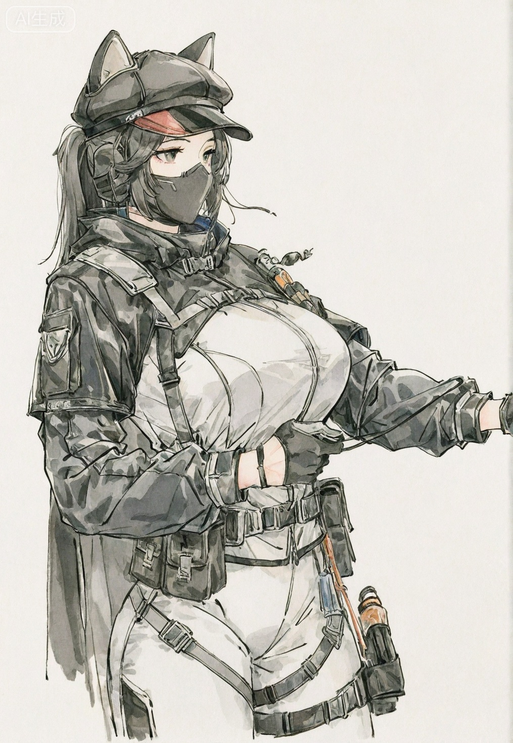((very awa)),(solo),highly detailed,(best quality),((masterpiece)),1girl,chi,,painting \(medium\),watercolor \(medium\),black hair,simple background,large breasts,lineart,flat color,ge,sanjiaozhouluna,gloves,jacket,hat,animal ears,helmet,long sleeves,