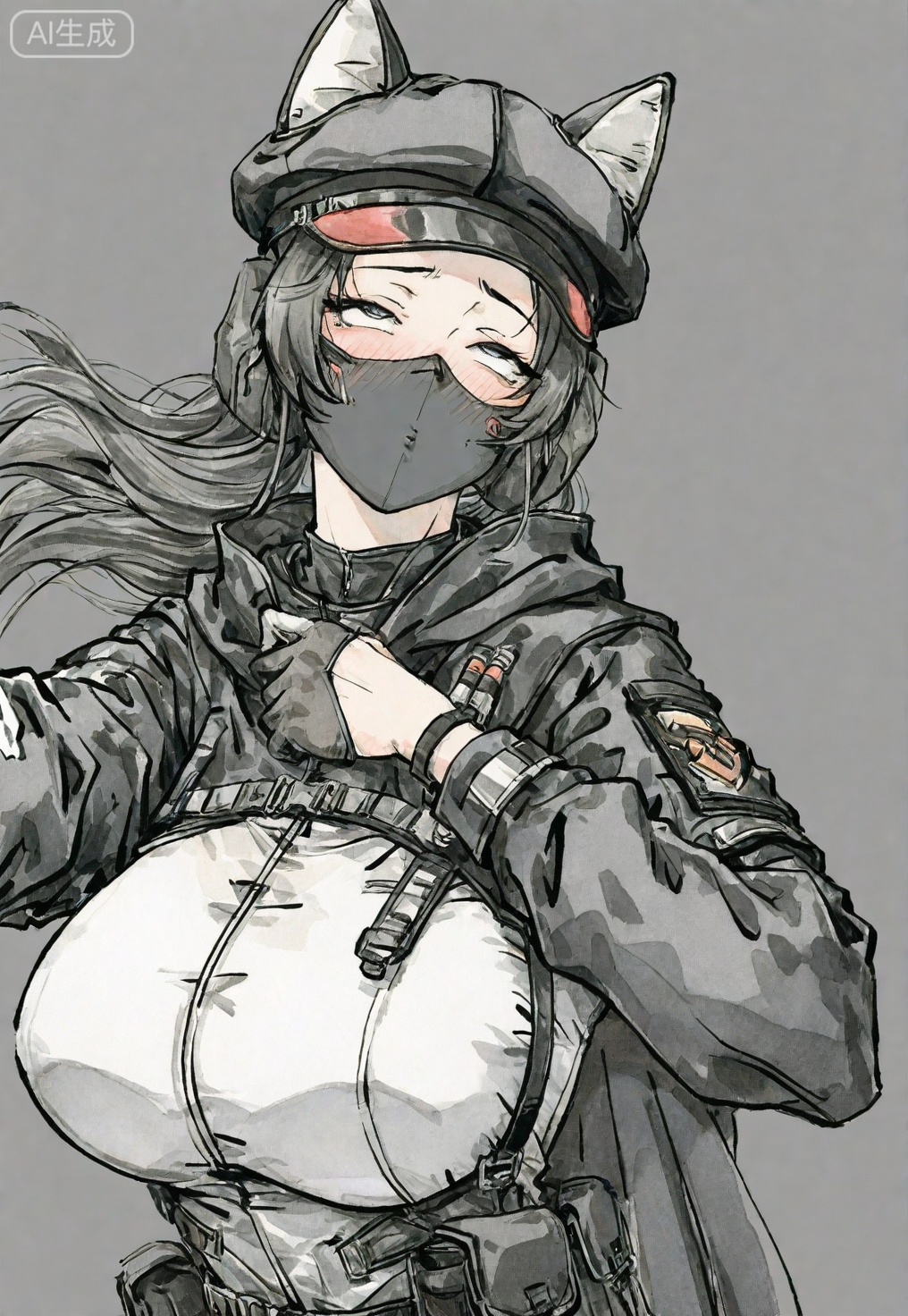 ((very awa)),(solo),highly detailed,(best quality),((masterpiece)),1girl,chi,,painting \(medium\),watercolor \(medium\),black hair,simple background,large breasts,lineart,flat color,ge,sanjiaozhouluna,gloves,jacket,hat,animal ears,helmet,long sleeves,rolling eyes,ahegao,blush,mouth mask,