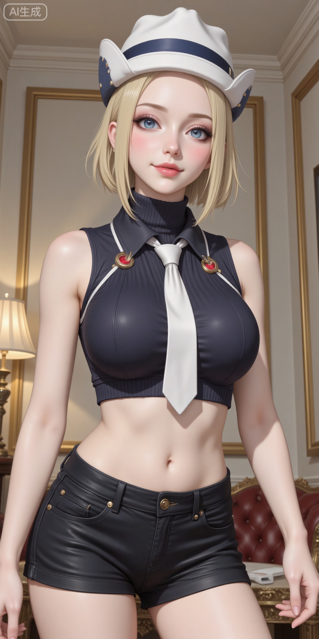 1girl, solo, breasts, looking at viewer, blush, smile, short hair, blue eyes, blonde hair, large breasts, hat, navel, bare shoulders, necktie, shorts, sleeveless, midriff, indoors, crop top, short shorts, turtleneck, blush stickers, black shorts, from below, sleeveless turtleneck