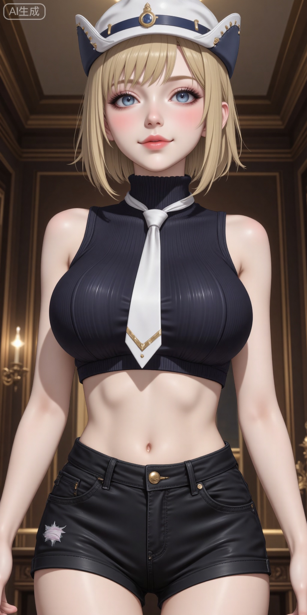 1girl, solo, breasts, looking at viewer, blush, smile, short hair, blue eyes, blonde hair, large breasts, hat, navel, bare shoulders, necktie, shorts, sleeveless, midriff, indoors, crop top, short shorts, turtleneck, blush stickers, black shorts, from below, sleeveless turtleneck