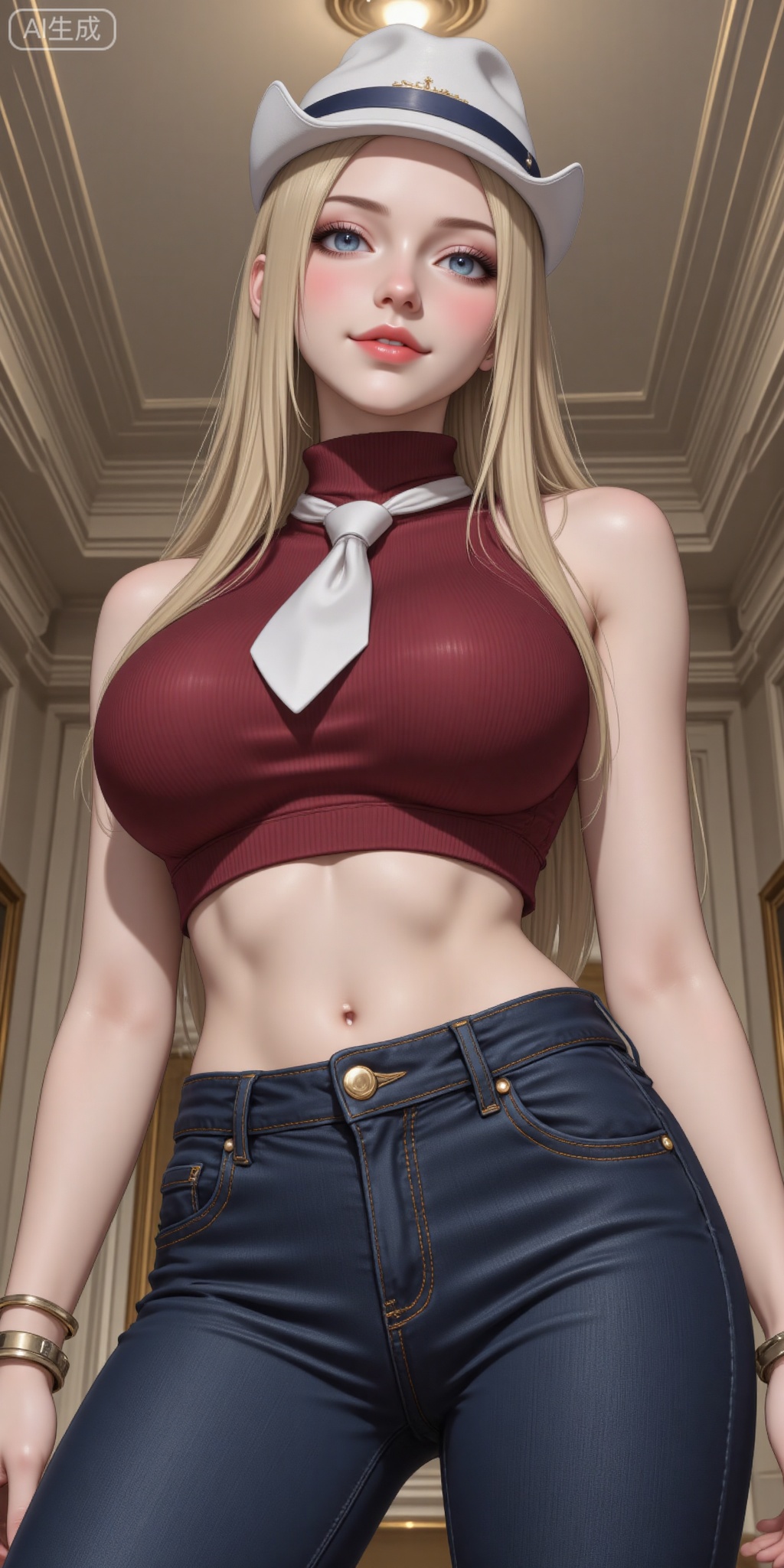 1girl, solo, long hair, breasts, looking at viewer, smile, blue eyes, blonde hair, large breasts, hat, navel, bare shoulders, jewelry, standing, necktie, sleeveless, midriff, pants, indoors, bracelet, crop top, turtleneck, from below, denim, jeans, sleeveless turtleneck, ceiling