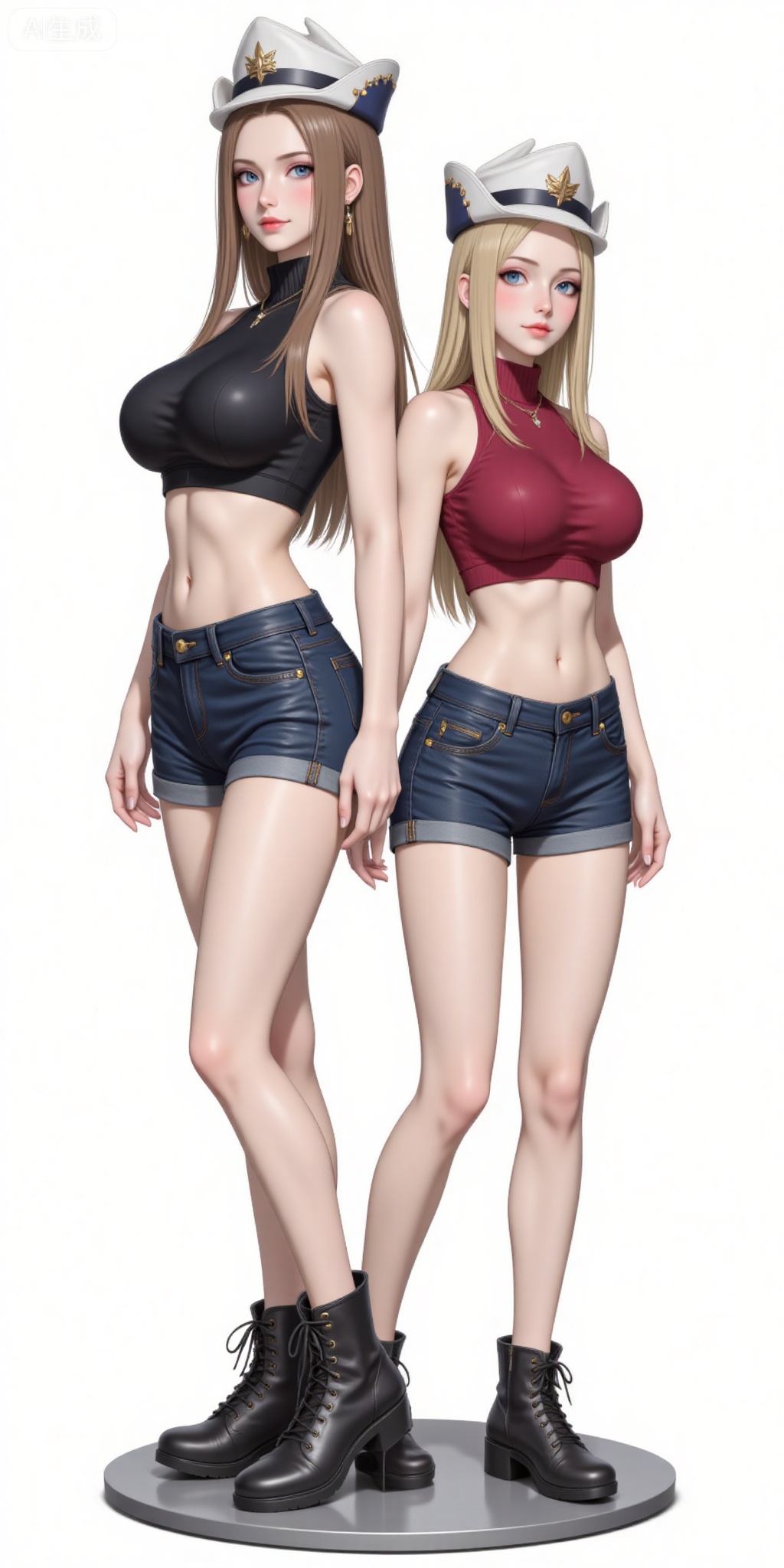 long hair, breasts, short hair, blue eyes, multiple girls, blonde hair, brown hair, hat, navel, 2girls, bare shoulders, boots, shorts, sleeveless, midriff, crop top, turtleneck, sleeveless turtleneck