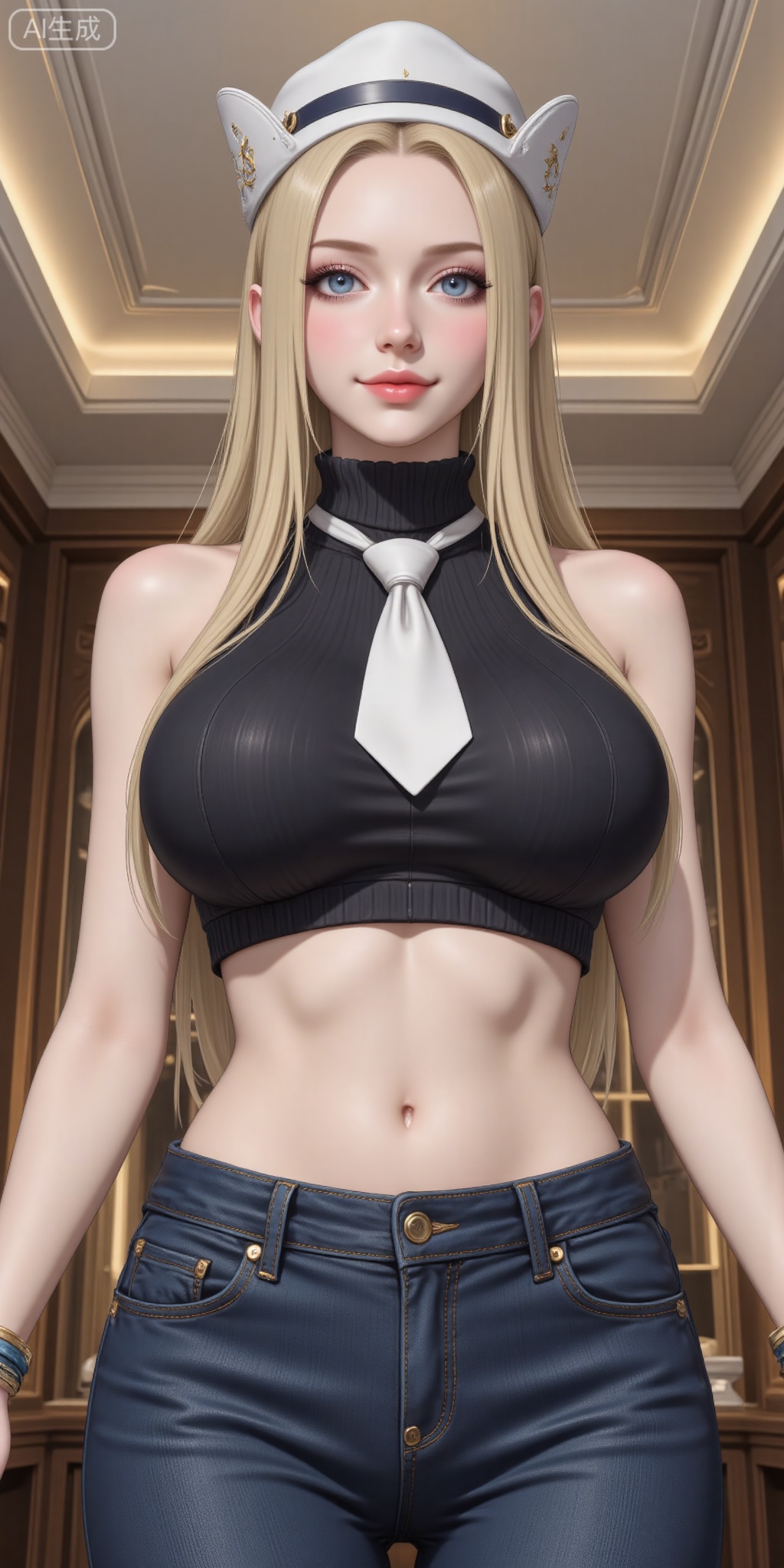 1girl, solo, long hair, breasts, looking at viewer, smile, blue eyes, blonde hair, large breasts, hat, navel, bare shoulders, jewelry, standing, necktie, sleeveless, midriff, pants, indoors, bracelet, crop top, turtleneck, from below, denim, jeans, sleeveless turtleneck, ceiling