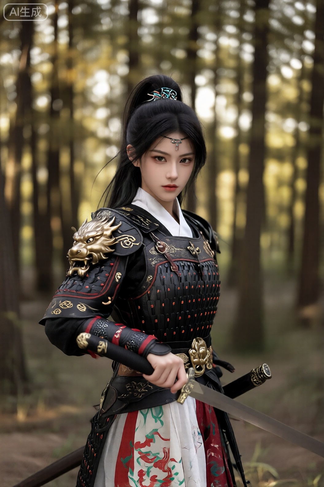 图像中的人物穿着精致的武士盔甲,背景是高大的树木和柔和、斑驳的阳光的森林背景。盔甲以黑色为主,点缀着复杂的金色细节：肩甲上装饰着醒目的狮头图案,腰带上还可见另一个金色装饰。此人右手握剑,剑刃向下。他们在盔甲下穿着白色服装（可能是袴或和服）,上面有红色和绿色的装饰图案,包括龙的图案。她们的深色长发搭配精致的配饰,表情严肃,眼神专注。森林背景被柔和地模糊,强调了主题,同时营造出自然、宁静的氛围,金色的光线透过树林。